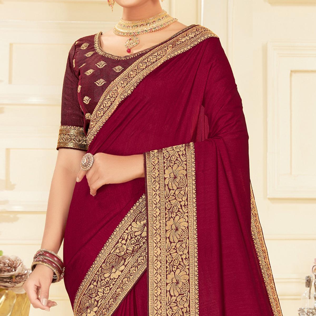 Maroon Woven Vichitra Silk Saree - Peachmode