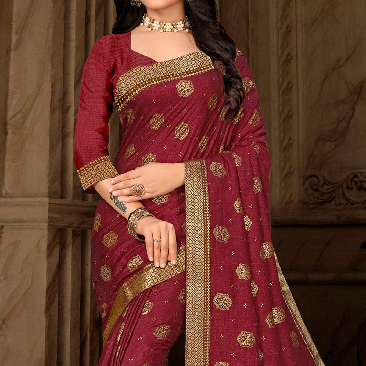 Maroon Woven Vichitra Silk Saree - Peachmode