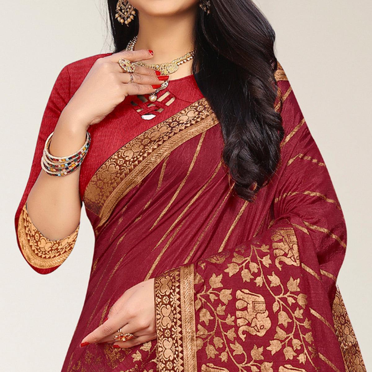Maroon Woven Vichitra Silk Saree - Peachmode