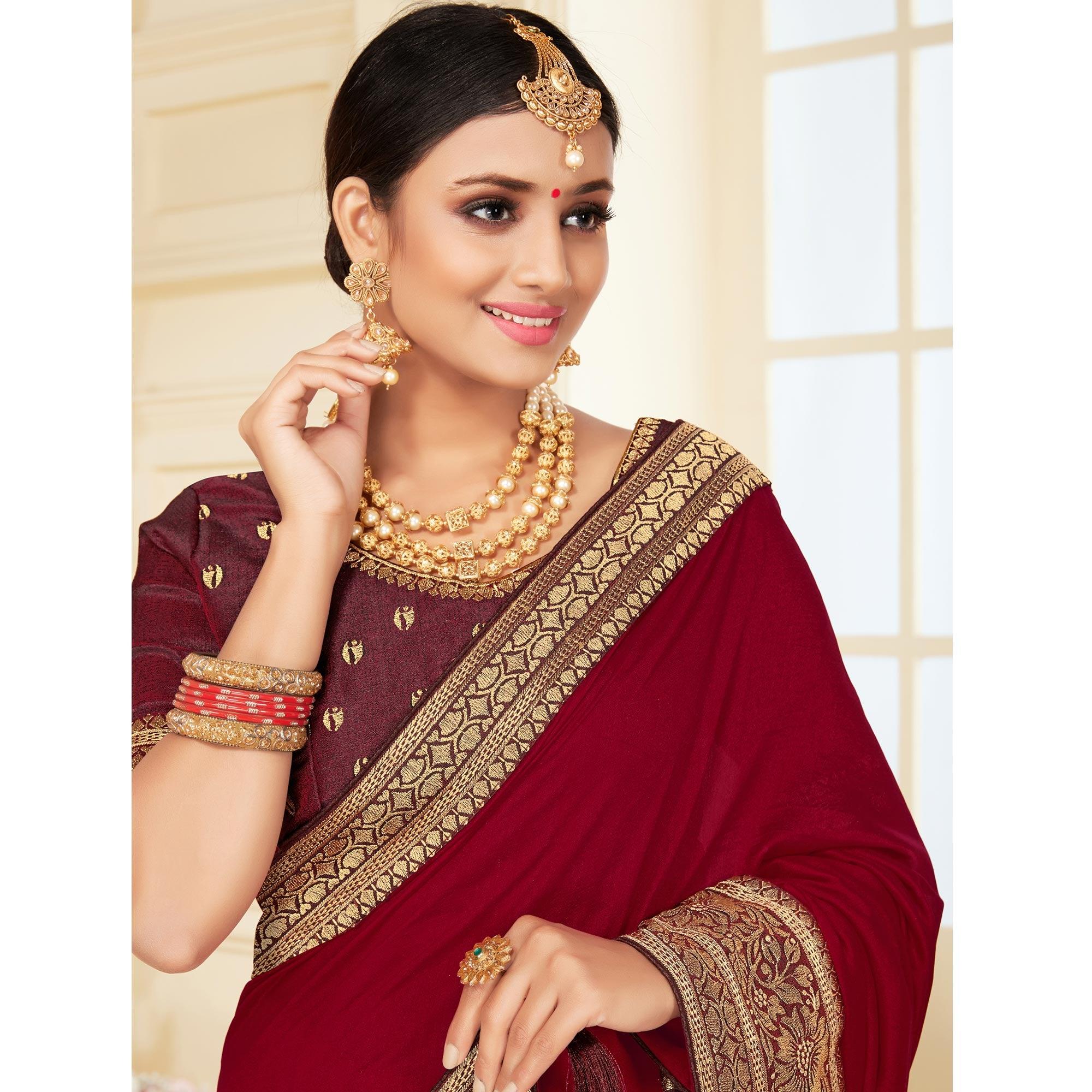 Maroon Woven Vichitra Silk Saree - Peachmode