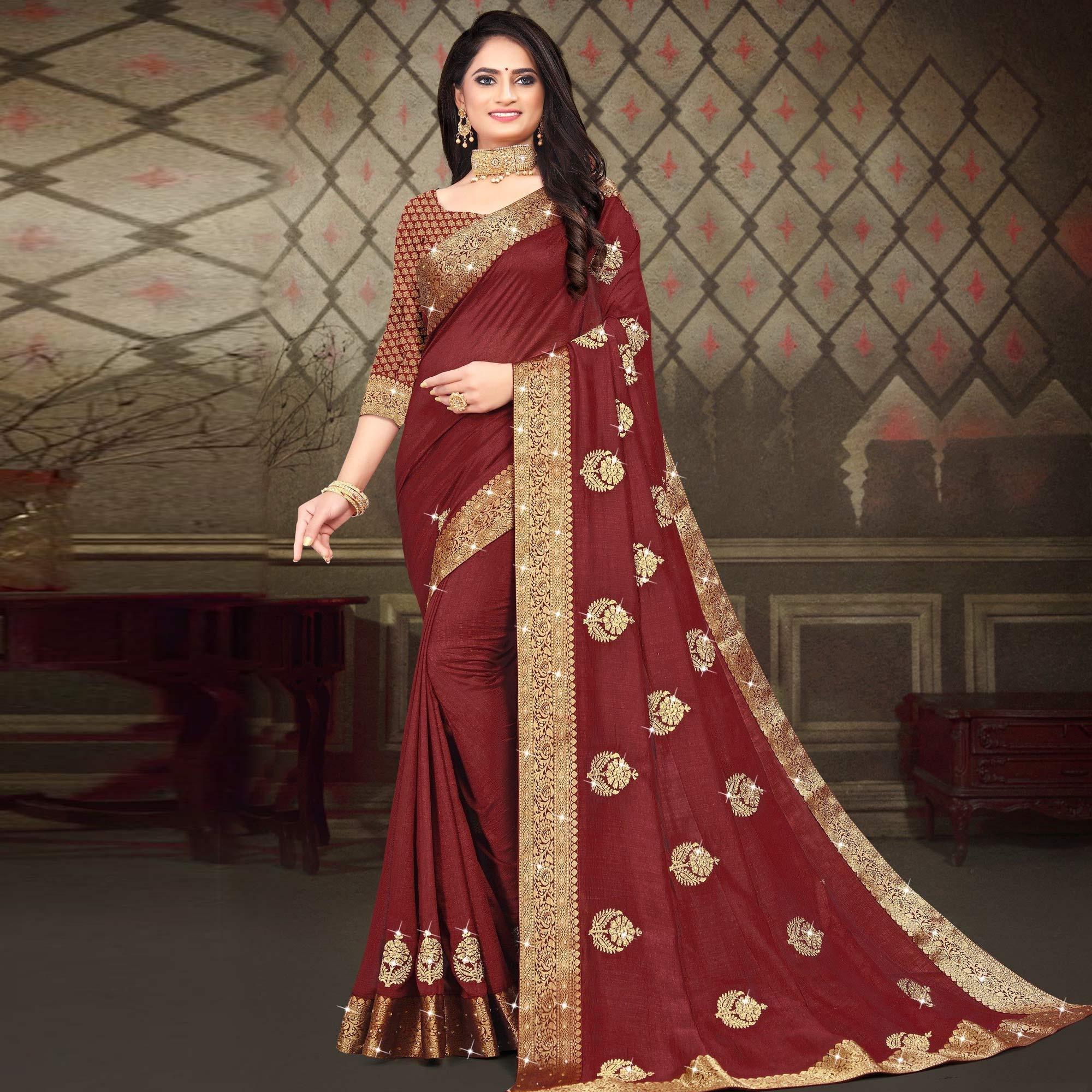 Maroon Woven With Embellished Vichitra Silk Saree - Peachmode
