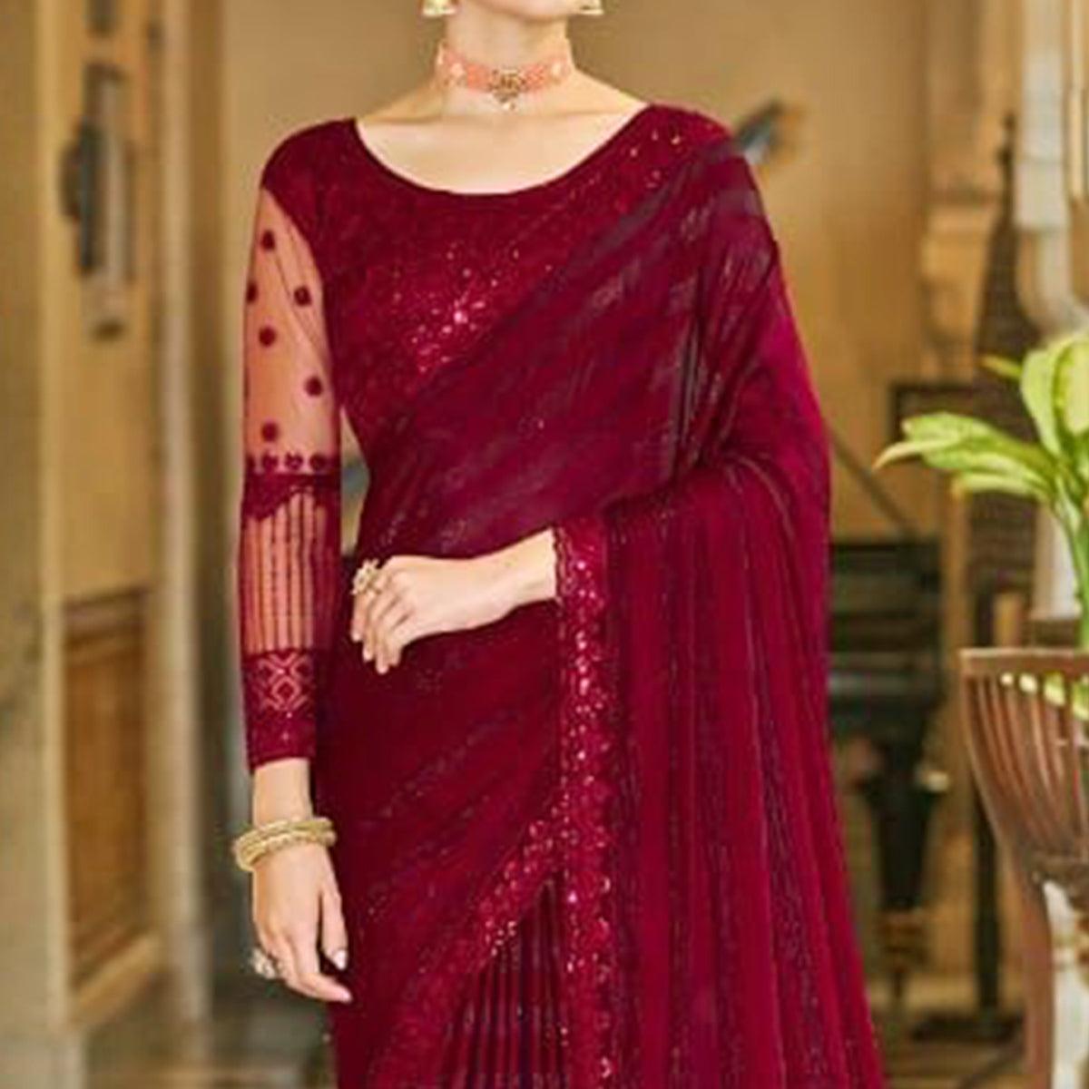 Maroon Zari Striped Art Silk Saree - Peachmode