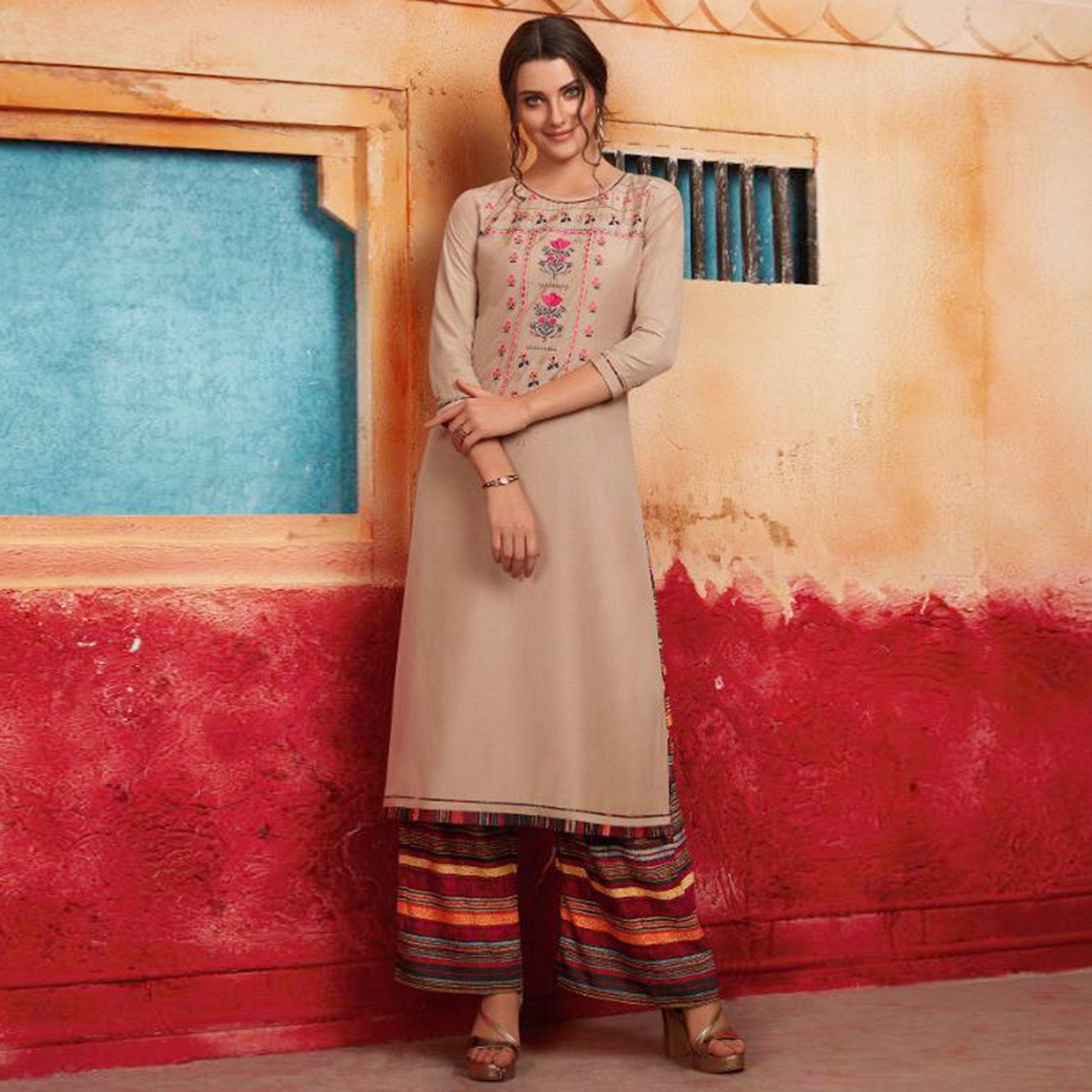 Marvellous Beige Colored Partywear Embroidered Pure Muslin-Silk Kurti-Palazzo Set - Peachmode