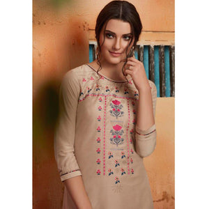 Marvellous Beige Colored Partywear Embroidered Pure Muslin-Silk Kurti-Palazzo Set - Peachmode