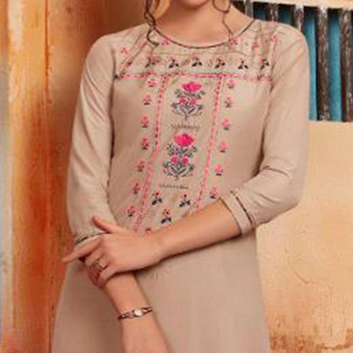 Marvellous Beige Colored Partywear Embroidered Pure Muslin-Silk Kurti-Palazzo Set - Peachmode