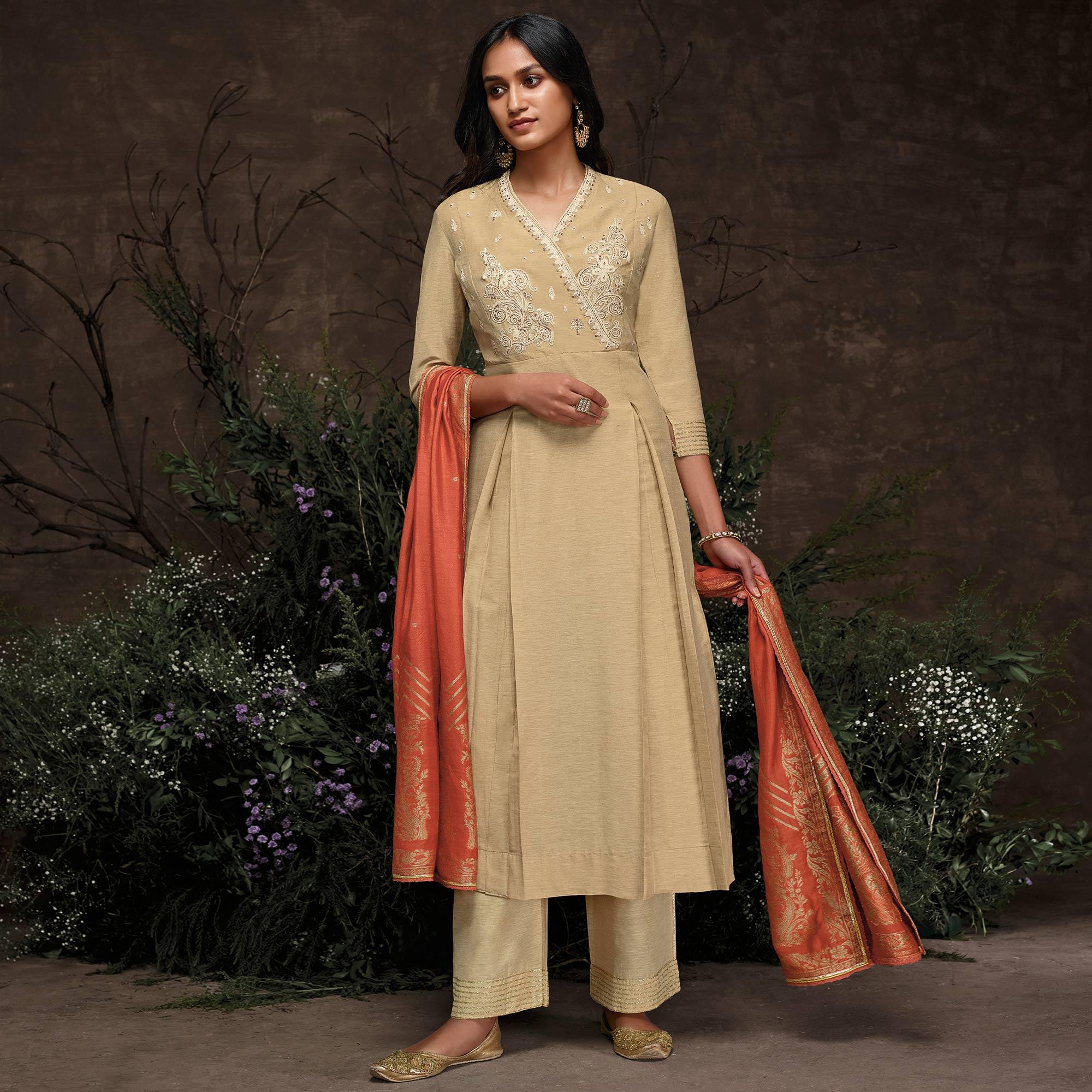 Marvellous Beige Colored Partywear Embroidered Silk Kurti-Palazzo Set With Banarasi Dupatta - Peachmode