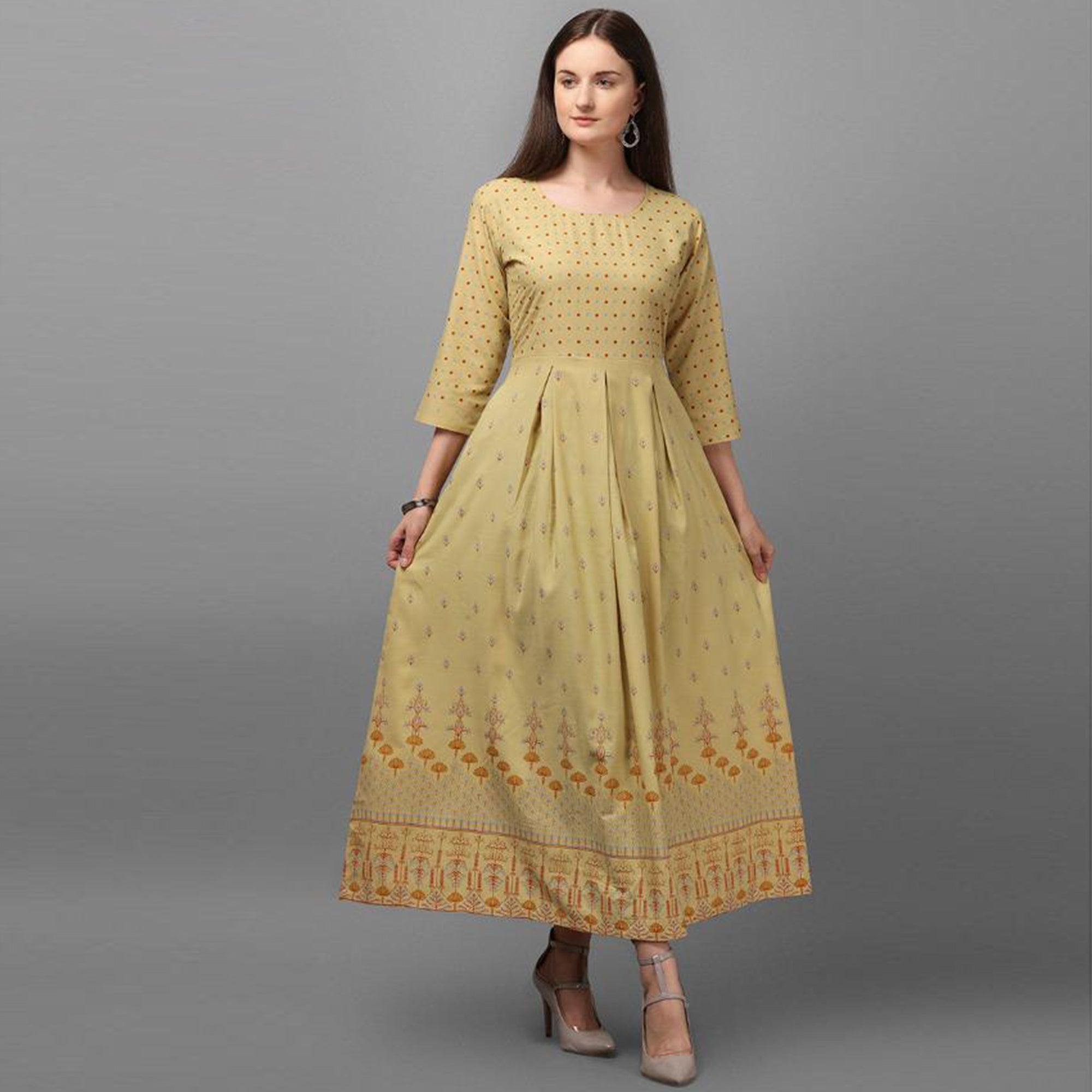 Marvellous Beige Coloured Casual Wear Printed Rayon Malai Kurti - Peachmode