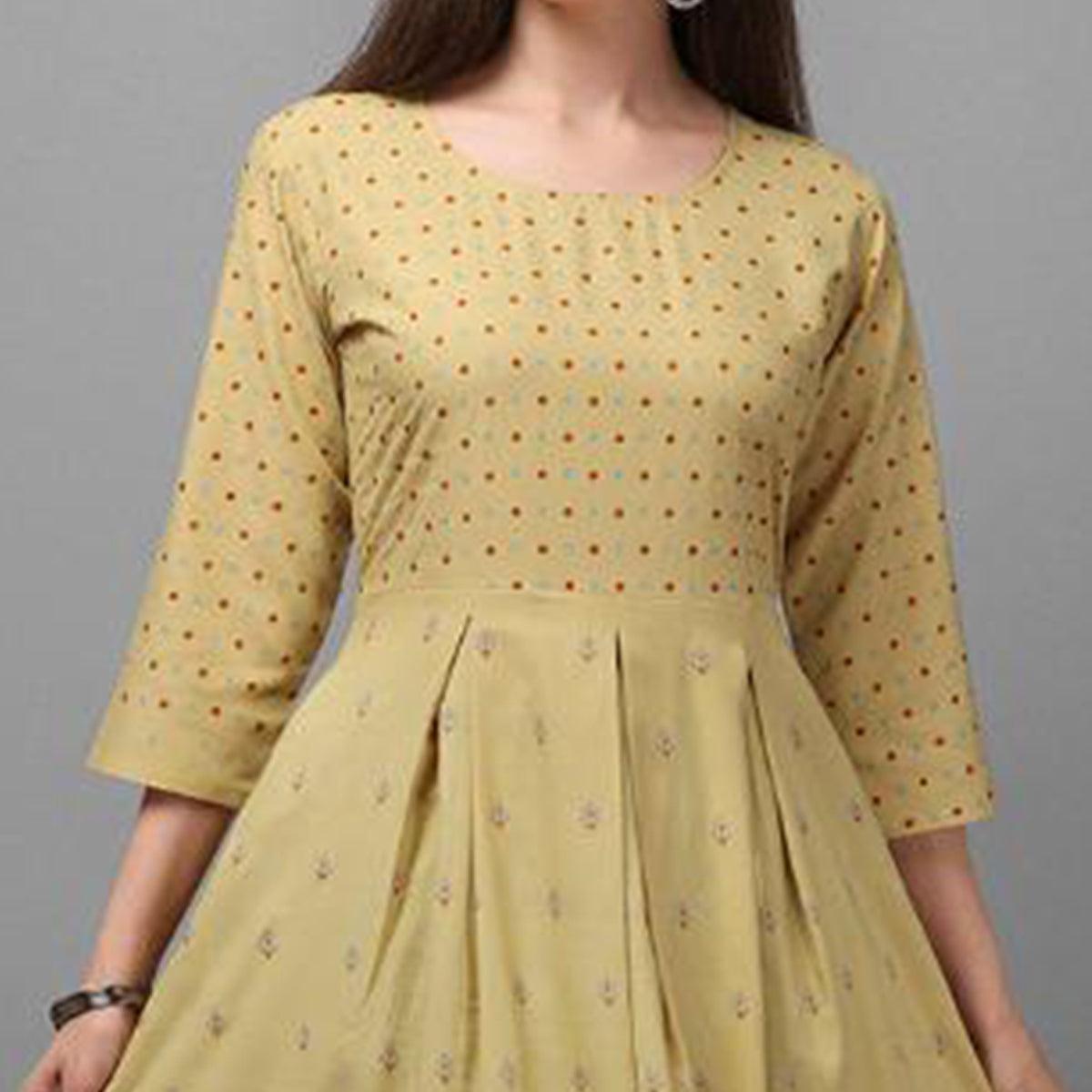 Marvellous Beige Coloured Casual Wear Printed Rayon Malai Kurti - Peachmode