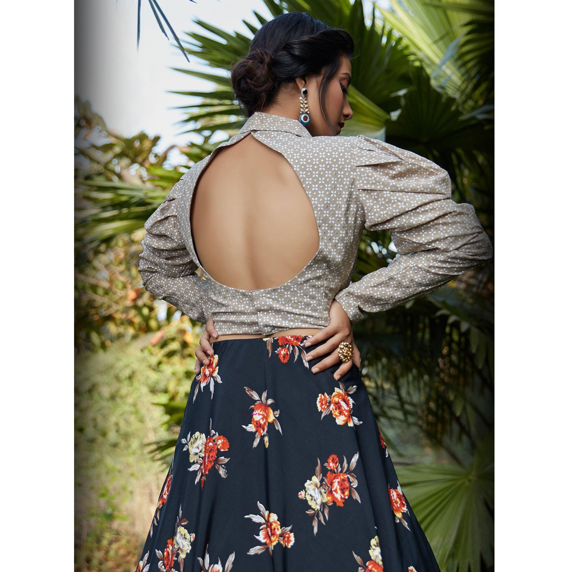 Marvellous Black - Dusty Grey Colored Wedding Partywear Printed Silk Crepe Lehenga Choli - Peachmode