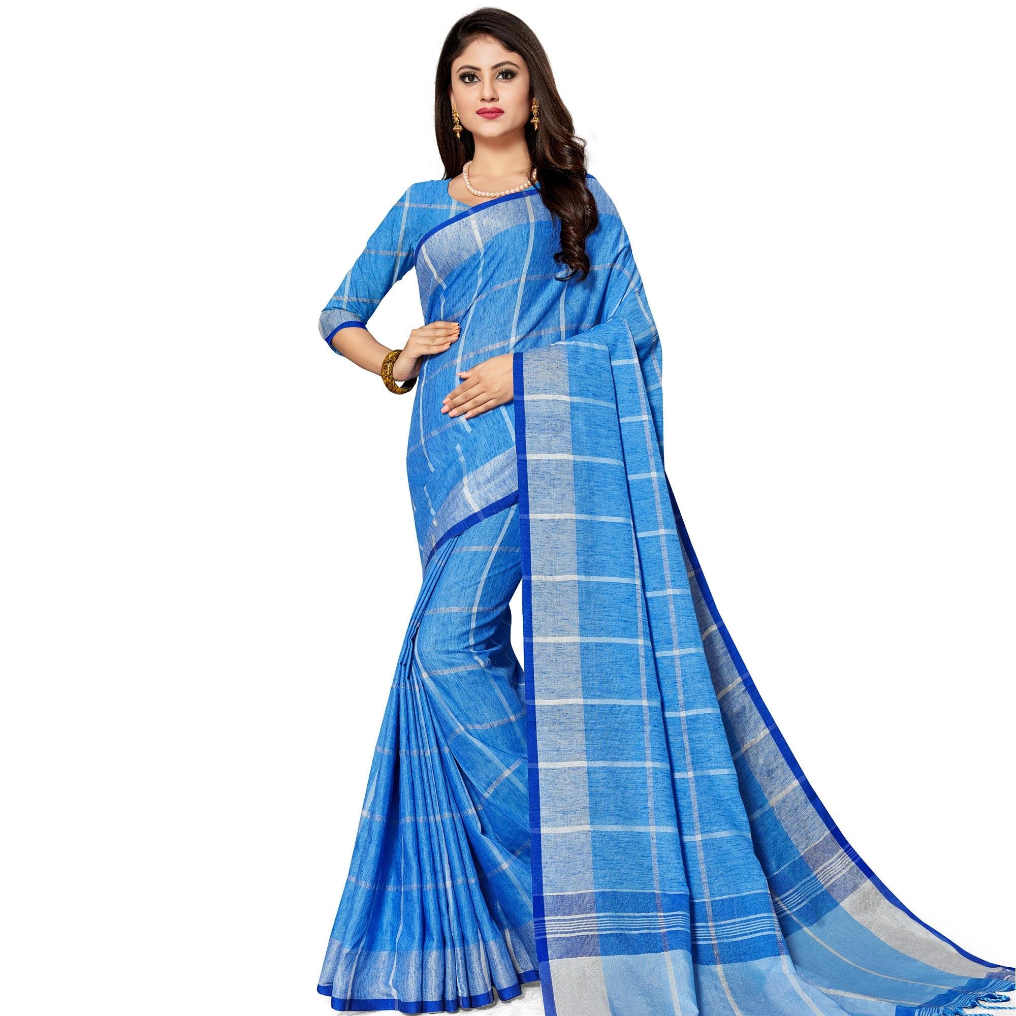 Marvellous Blue Colored Fesive Wear Stripe Print Cotton Silk Saree With Tassels - Peachmode