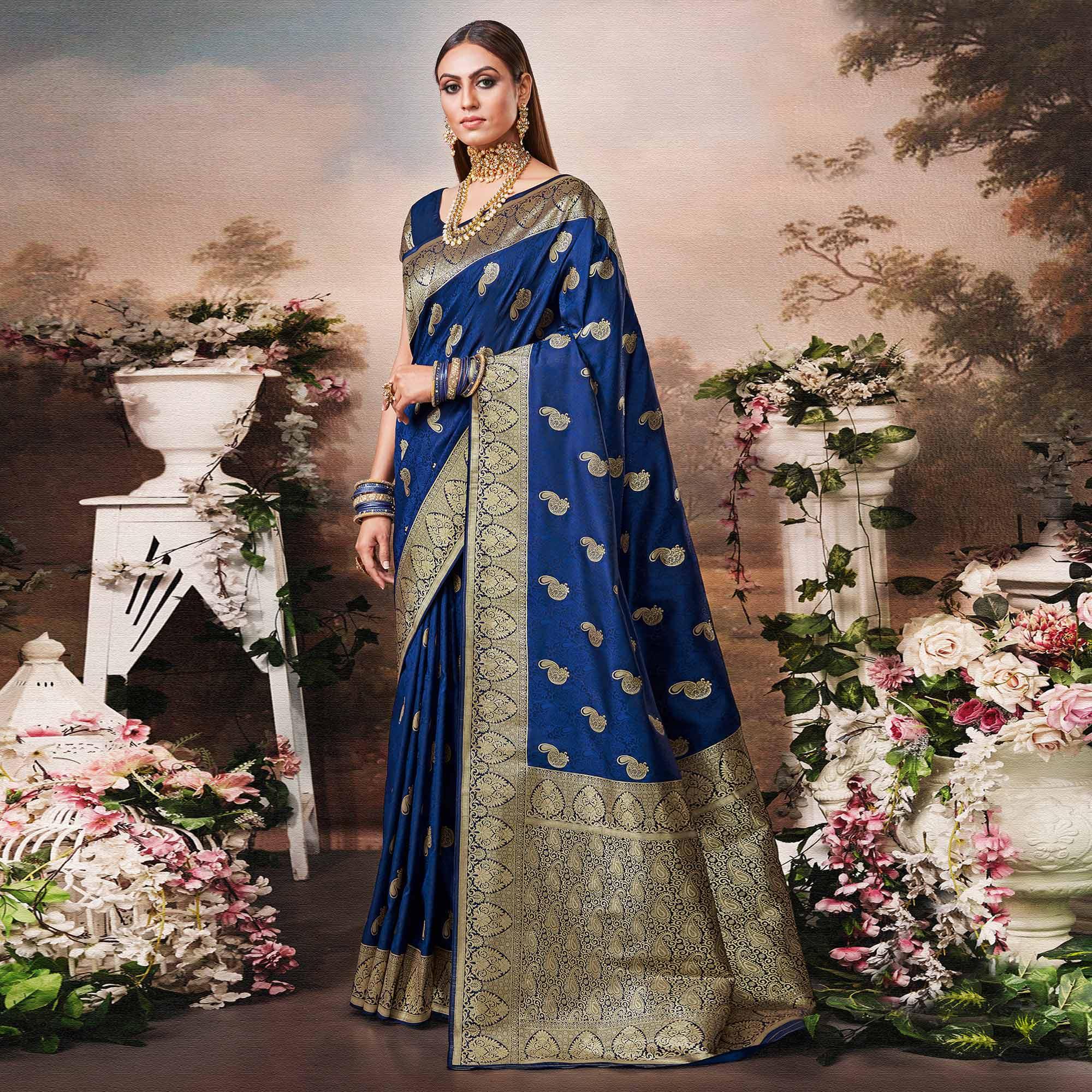 Marvellous Blue Colored Festive Wear Woven Banarasi Silk Saree - Peachmode