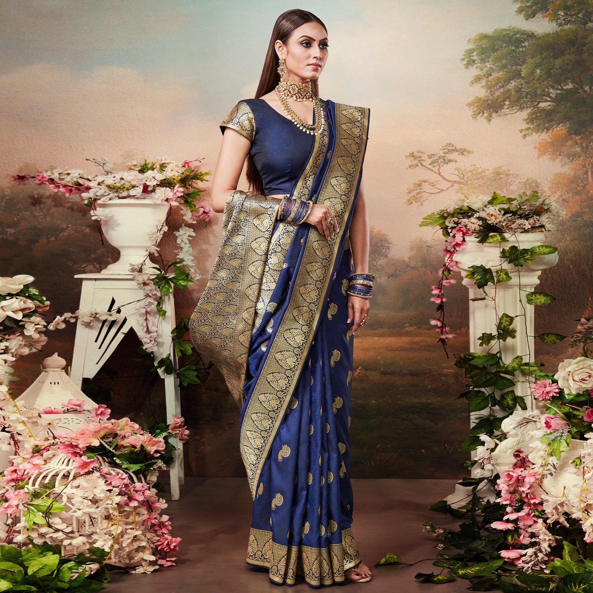 Marvellous Blue Colored Festive Wear Woven Banarasi Silk Saree - Peachmode