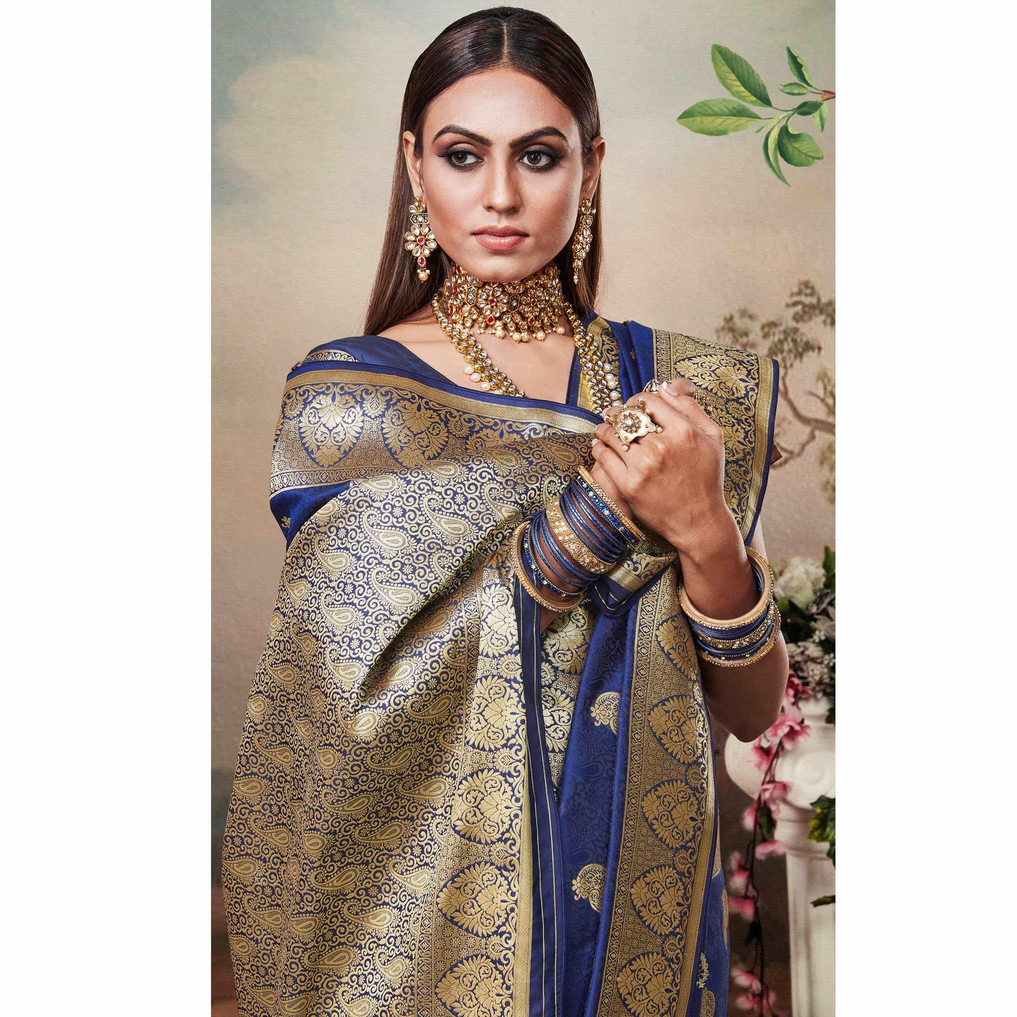 Marvellous Blue Colored Festive Wear Woven Banarasi Silk Saree - Peachmode