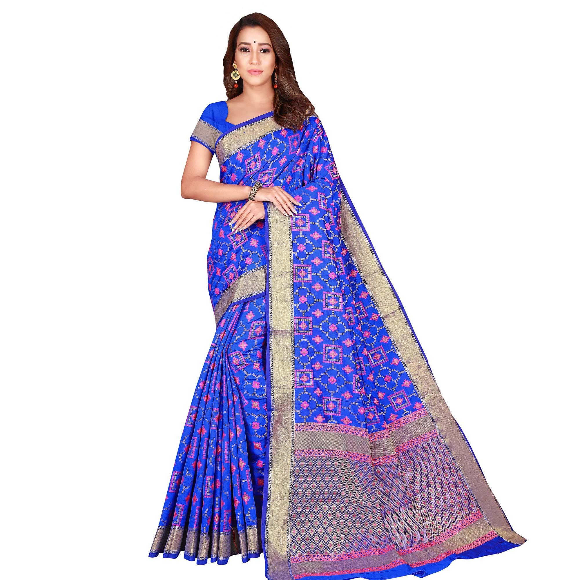 Marvellous Blue Colored Festive Wear Woven Patola Silk Saree - Peachmode