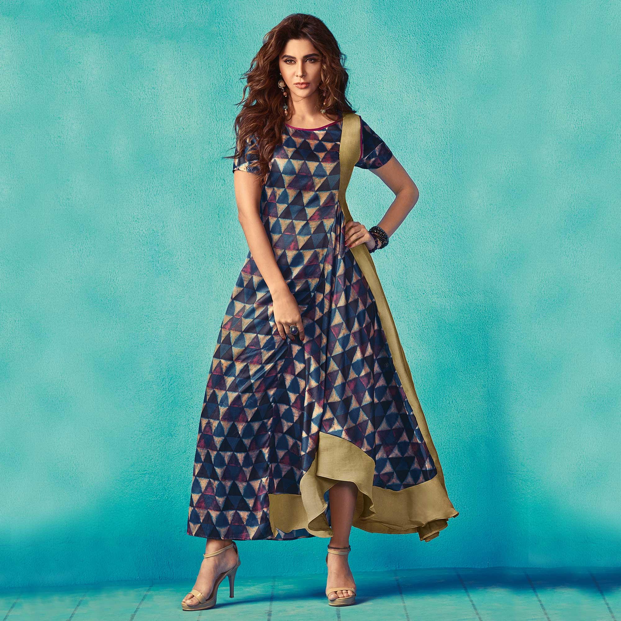 Marvellous Blue Colored Partywear Printed Satin Kurti - Peachmode