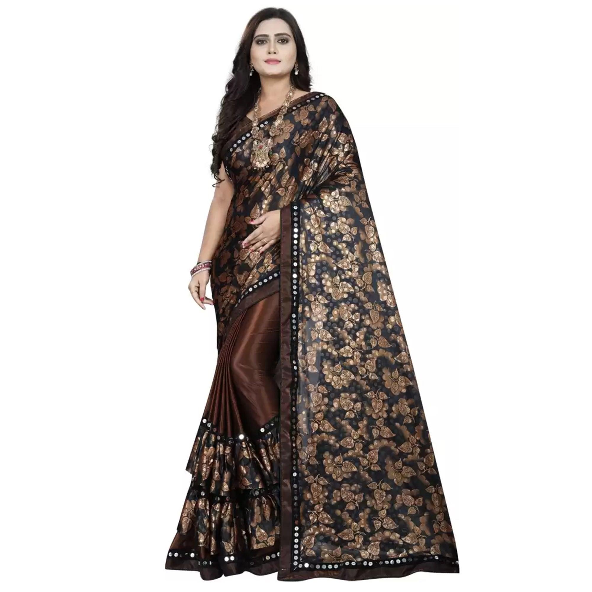 Marvellous Brown-Black Colored Casual Wear Floral Ruffle Art Silk Saree - Peachmode