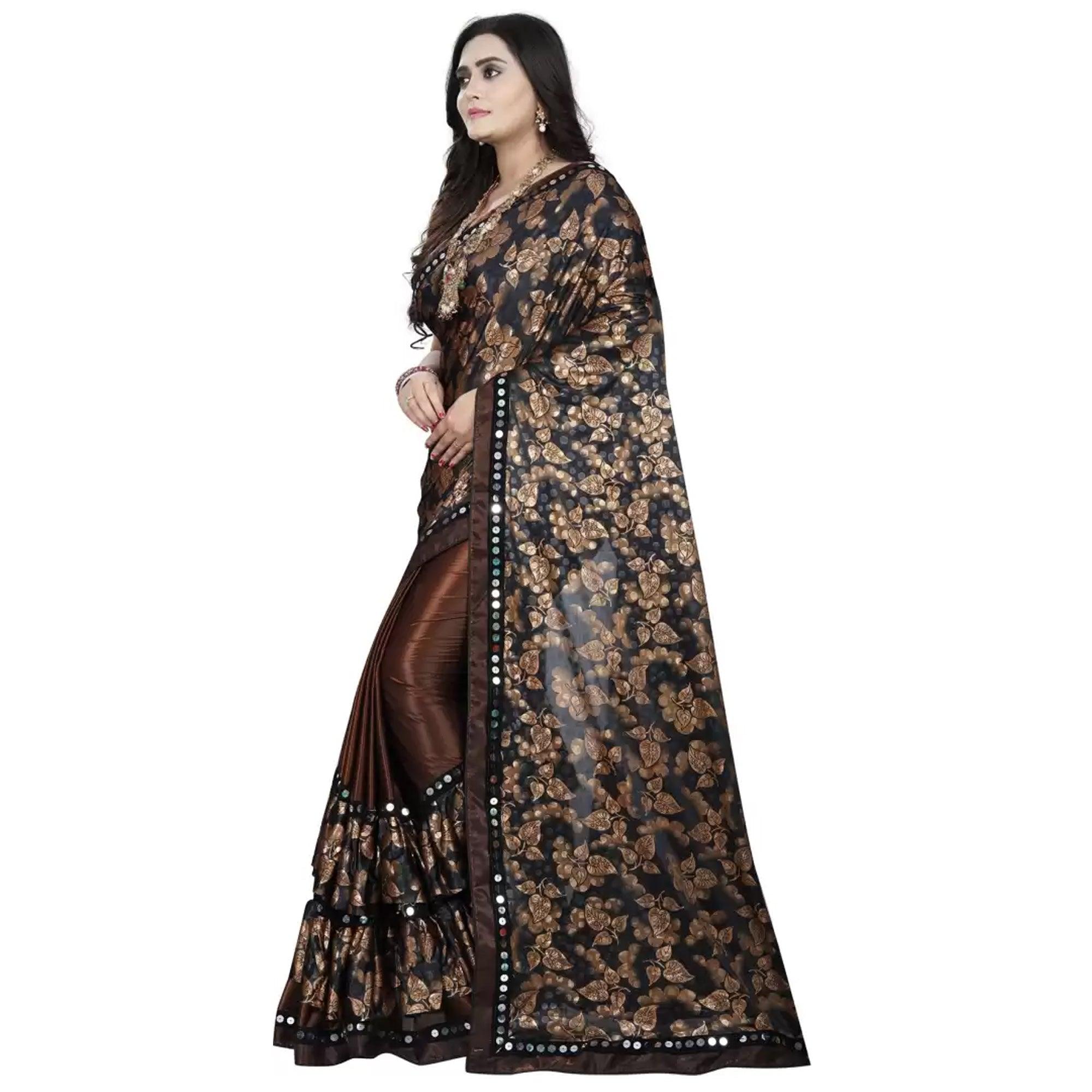 Marvellous Brown-Black Colored Casual Wear Floral Ruffle Art Silk Saree - Peachmode
