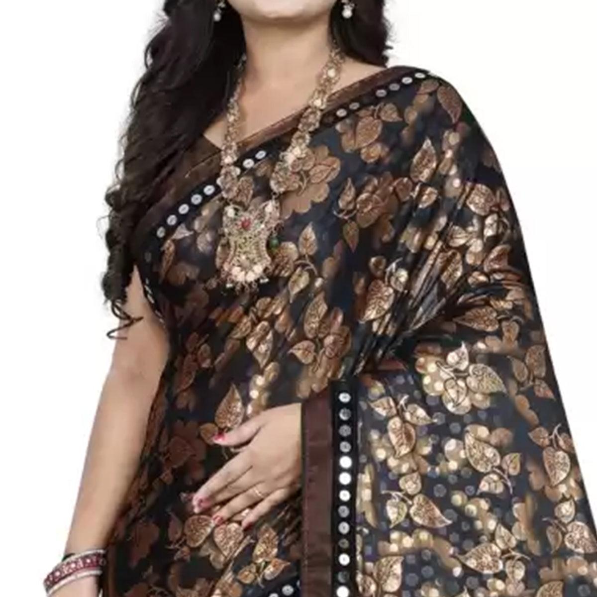 Marvellous Brown-Black Colored Casual Wear Floral Ruffle Art Silk Saree - Peachmode