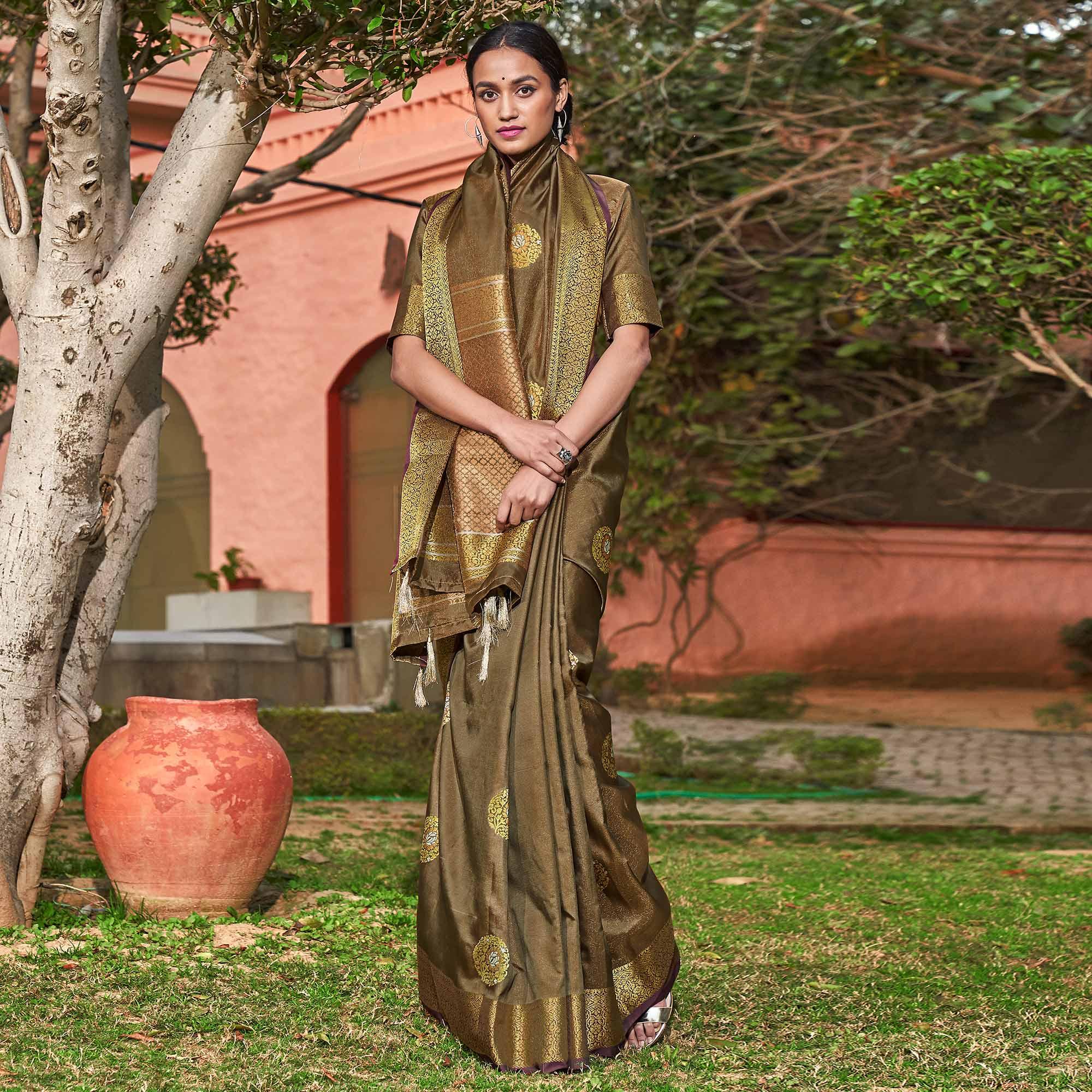 Marvellous Brown Colored Festive Wear Woven Silk Saree - Peachmode