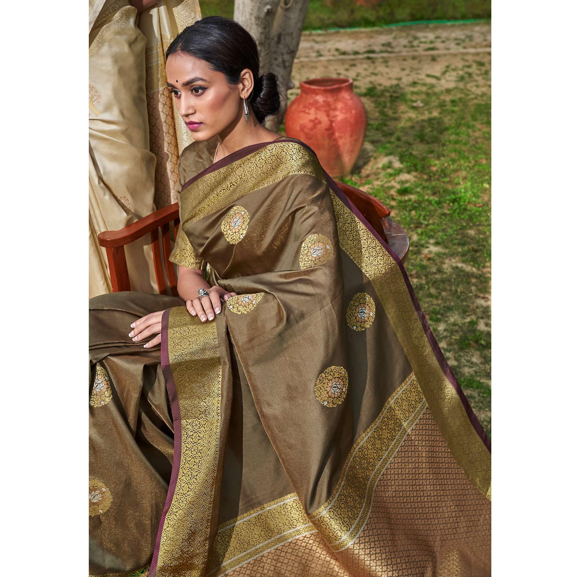 Marvellous Brown Colored Festive Wear Woven Silk Saree - Peachmode