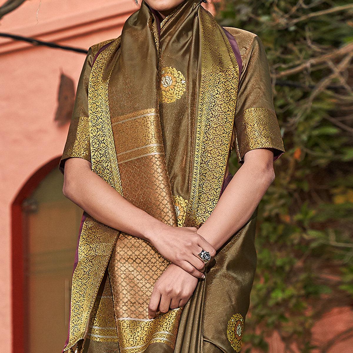 Marvellous Brown Colored Festive Wear Woven Silk Saree - Peachmode