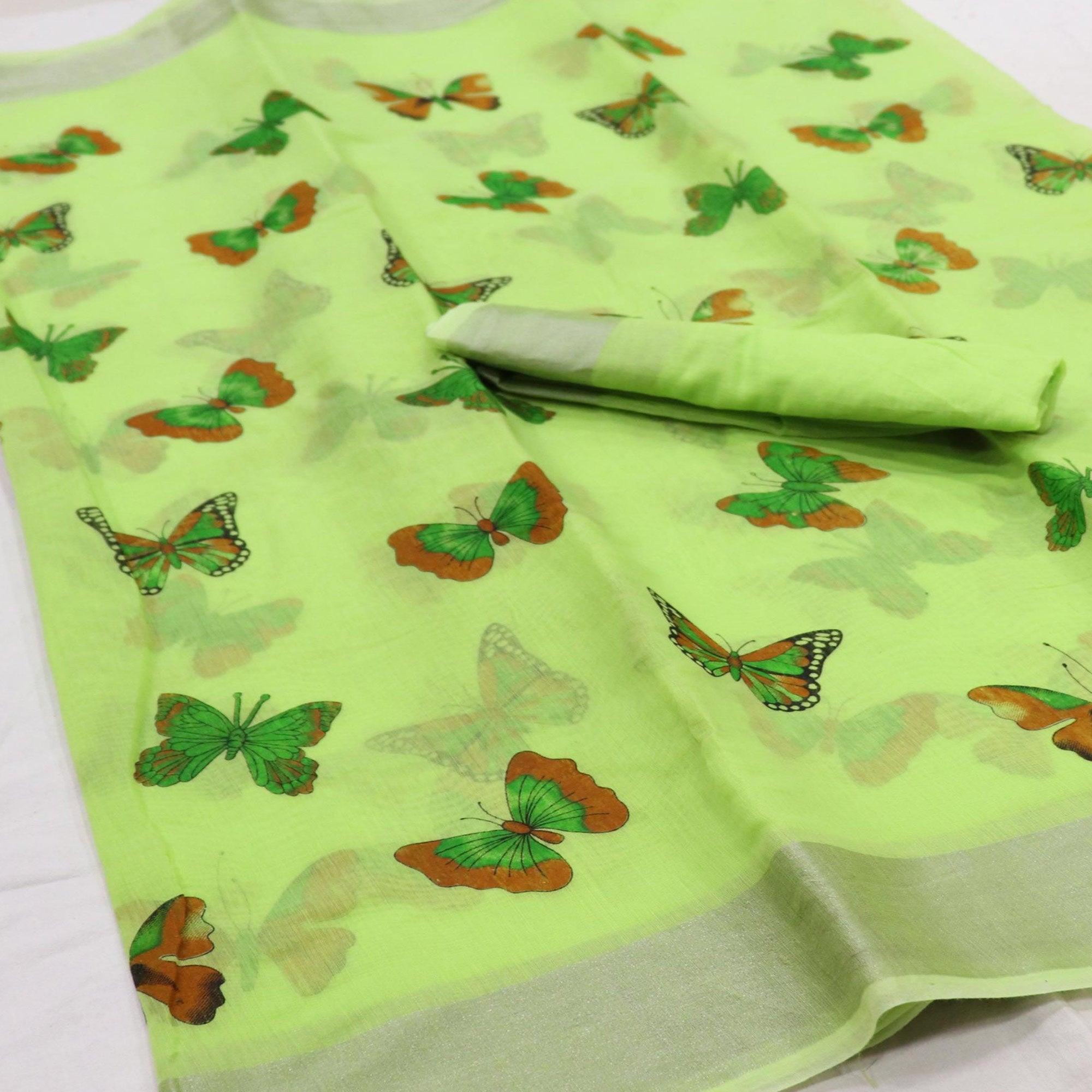 Marvellous Green Colored Casual Wear Butterfly Block Printed Cotton Linen Saree - Peachmode