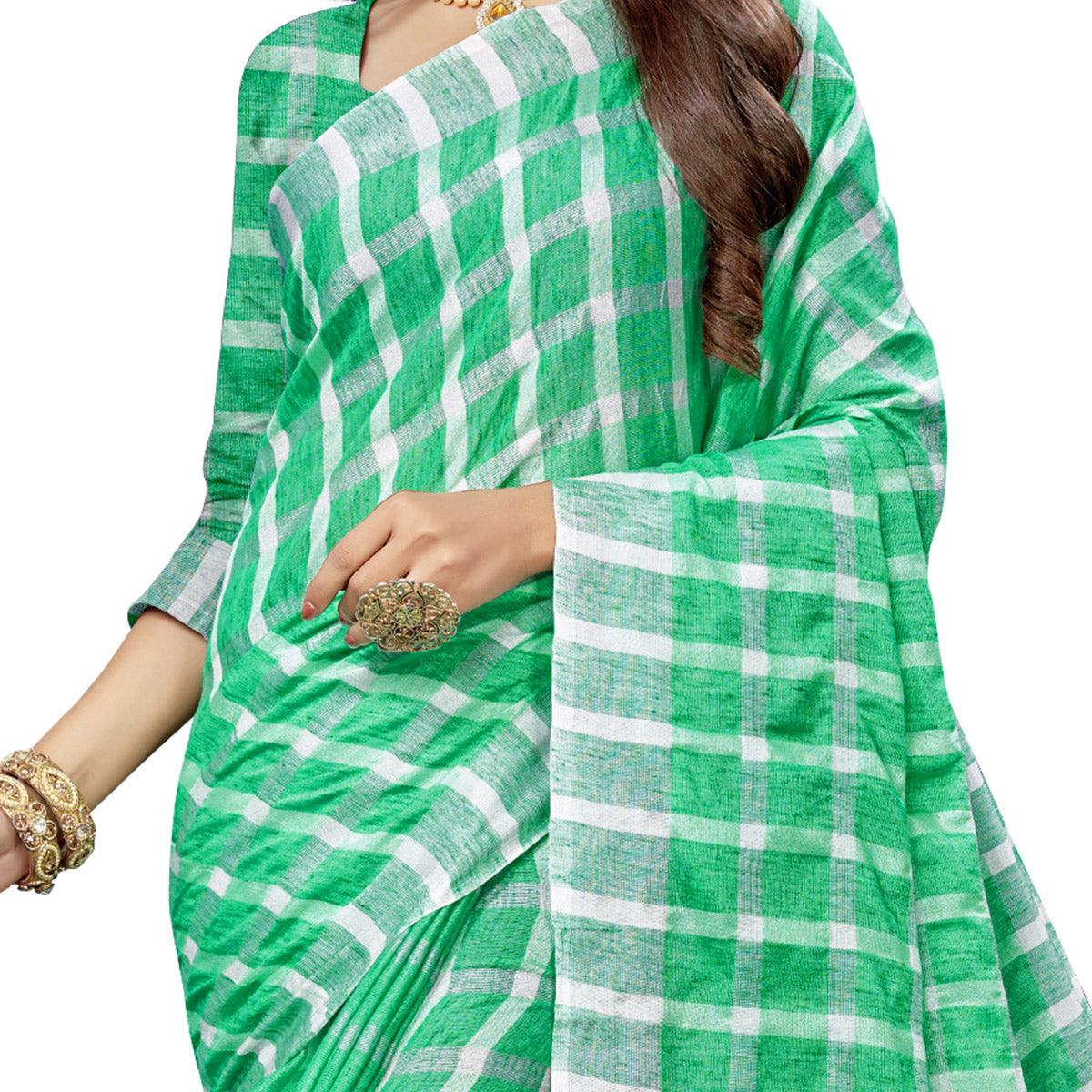 Marvellous Green Colored Fesive Wear Checks Print Cotton Silk Saree With Tassels - Peachmode