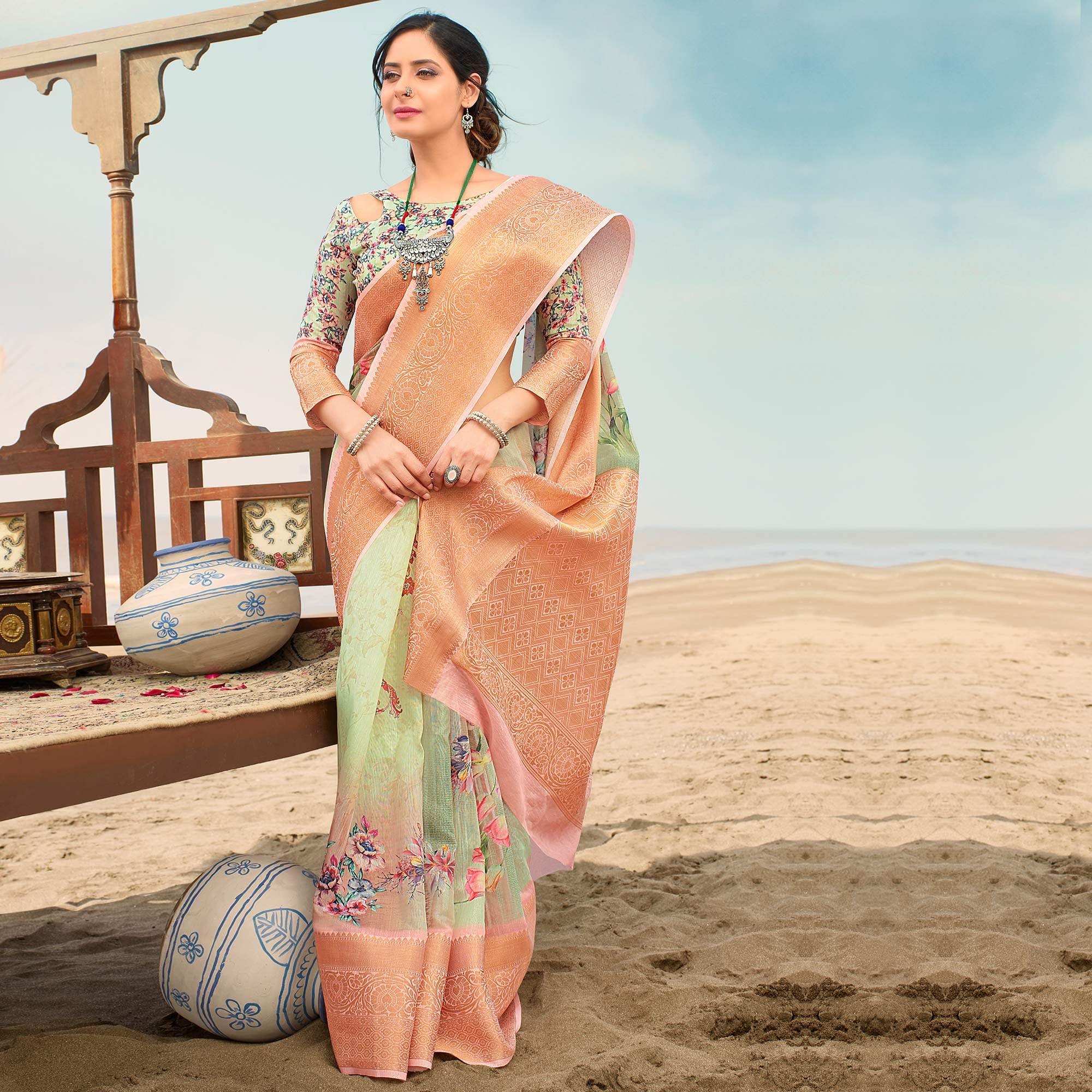 Marvellous Green Colored Festive Wear Digital Floral Printed Linen Saree - Peachmode
