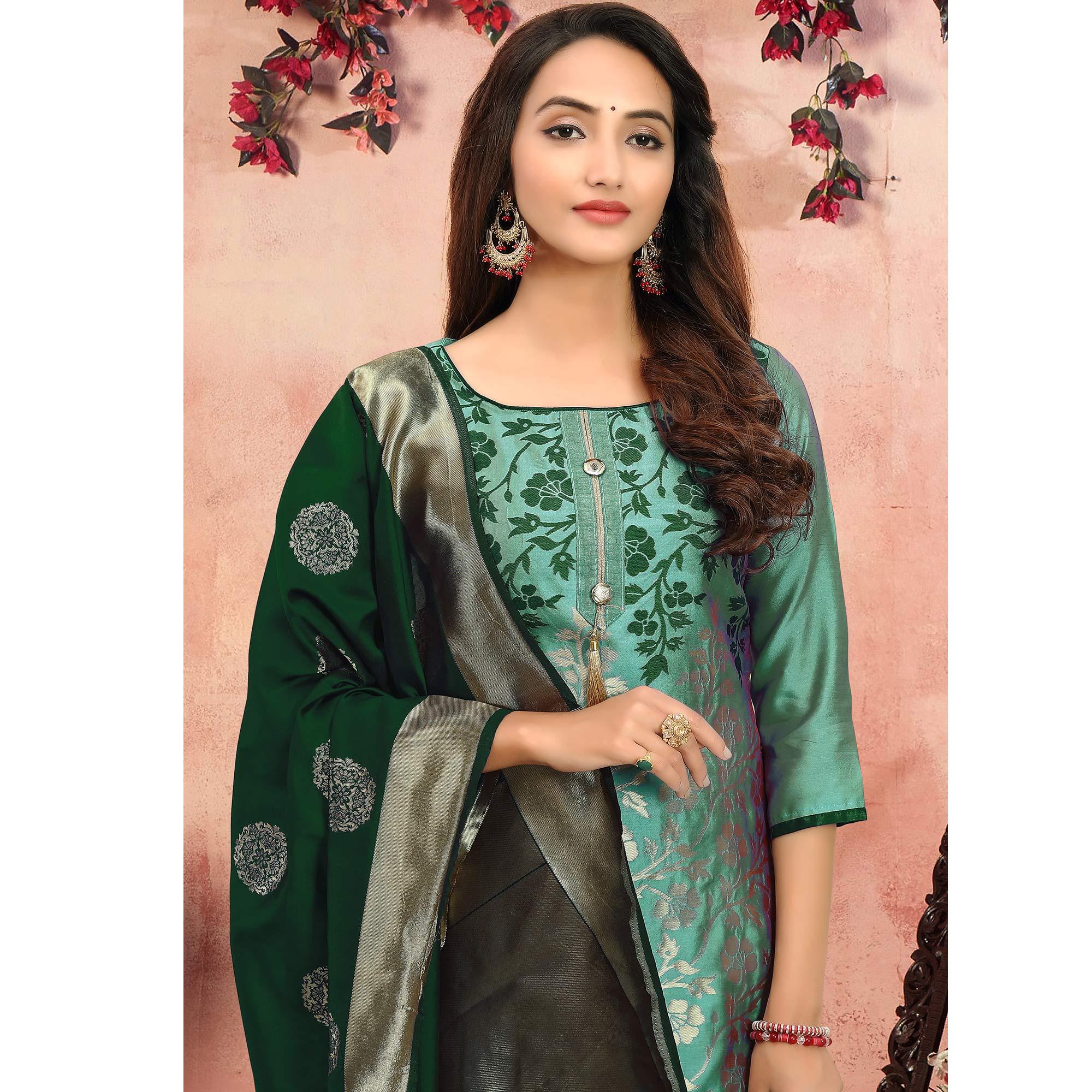 Marvellous Green Colored Festive Wear Woven Heavy Banarasi Silk Dress Material - Peachmode