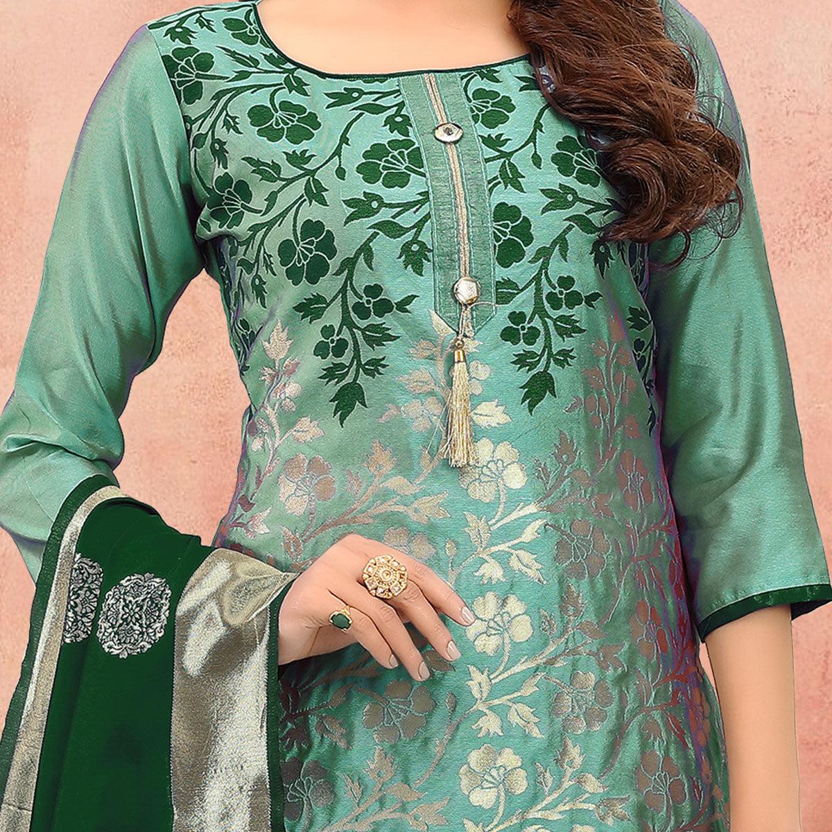 Marvellous Green Colored Festive Wear Woven Heavy Banarasi Silk Dress Material - Peachmode