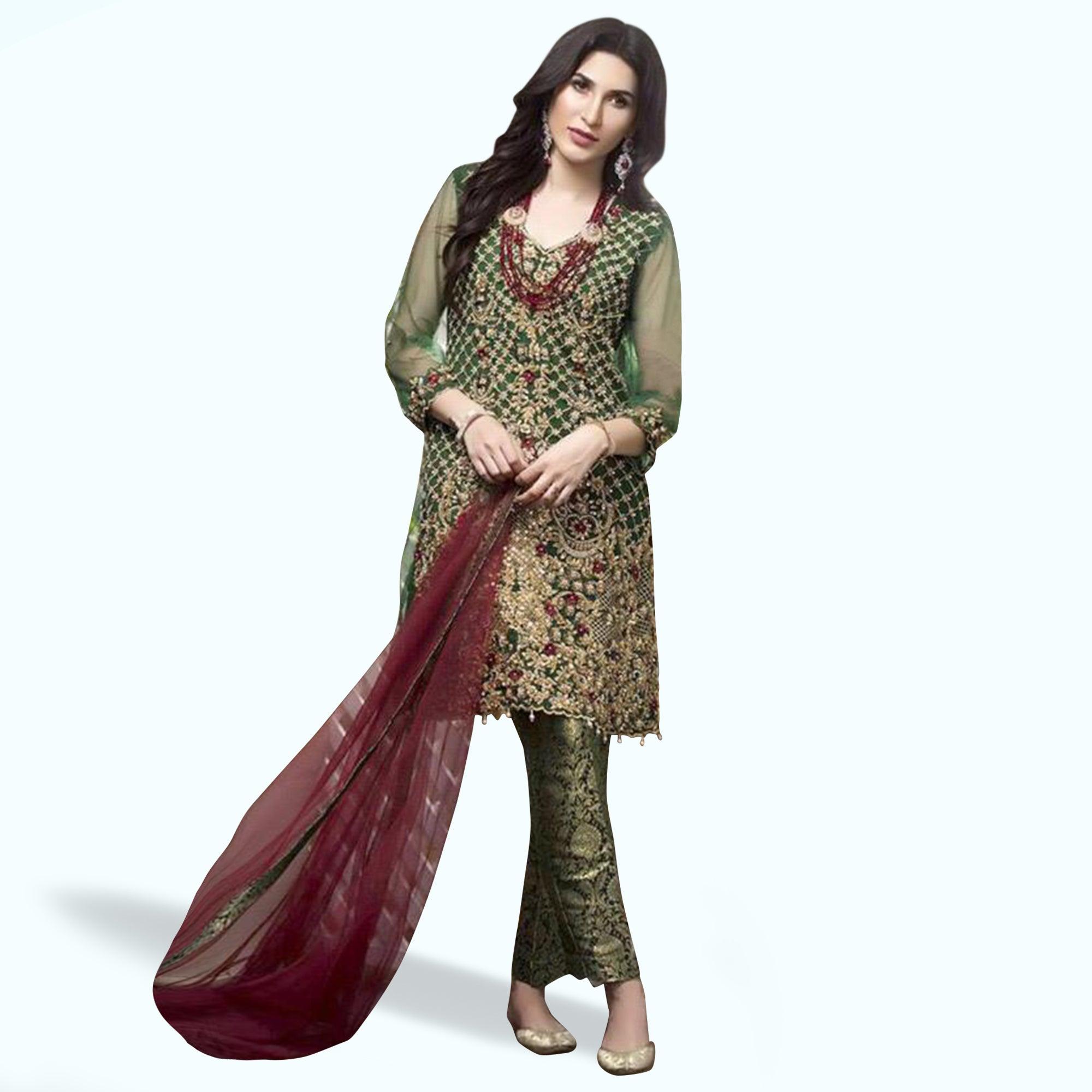 Marvellous Green Colored Partywear Embroidered Netted Pant Style Suit - Peachmode