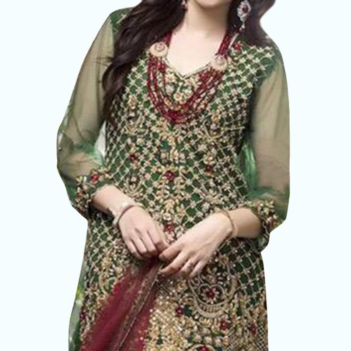 Marvellous Green Colored Partywear Embroidered Netted Pant Style Suit - Peachmode