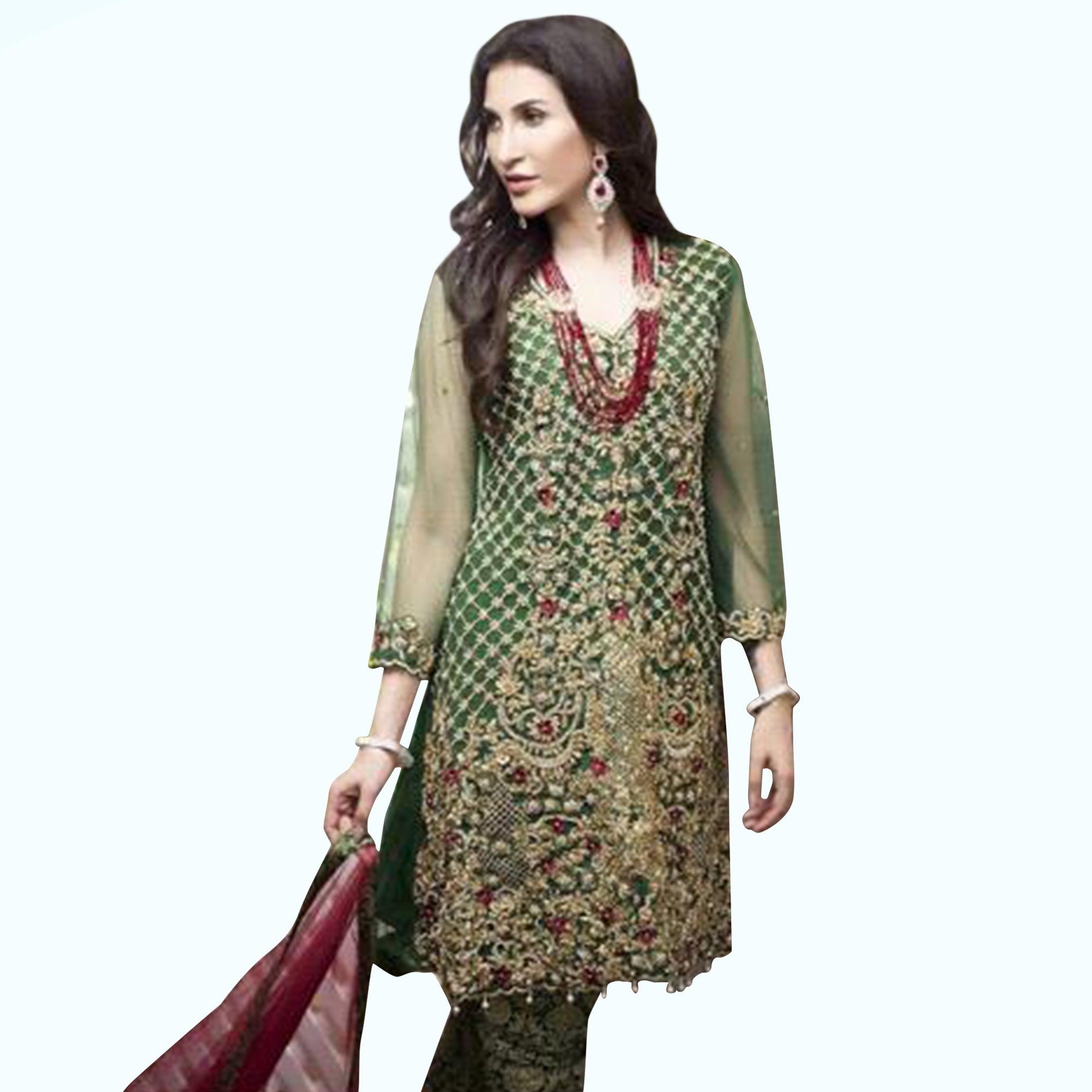 Marvellous Green Colored Partywear Embroidered Netted Pant Style Suit - Peachmode