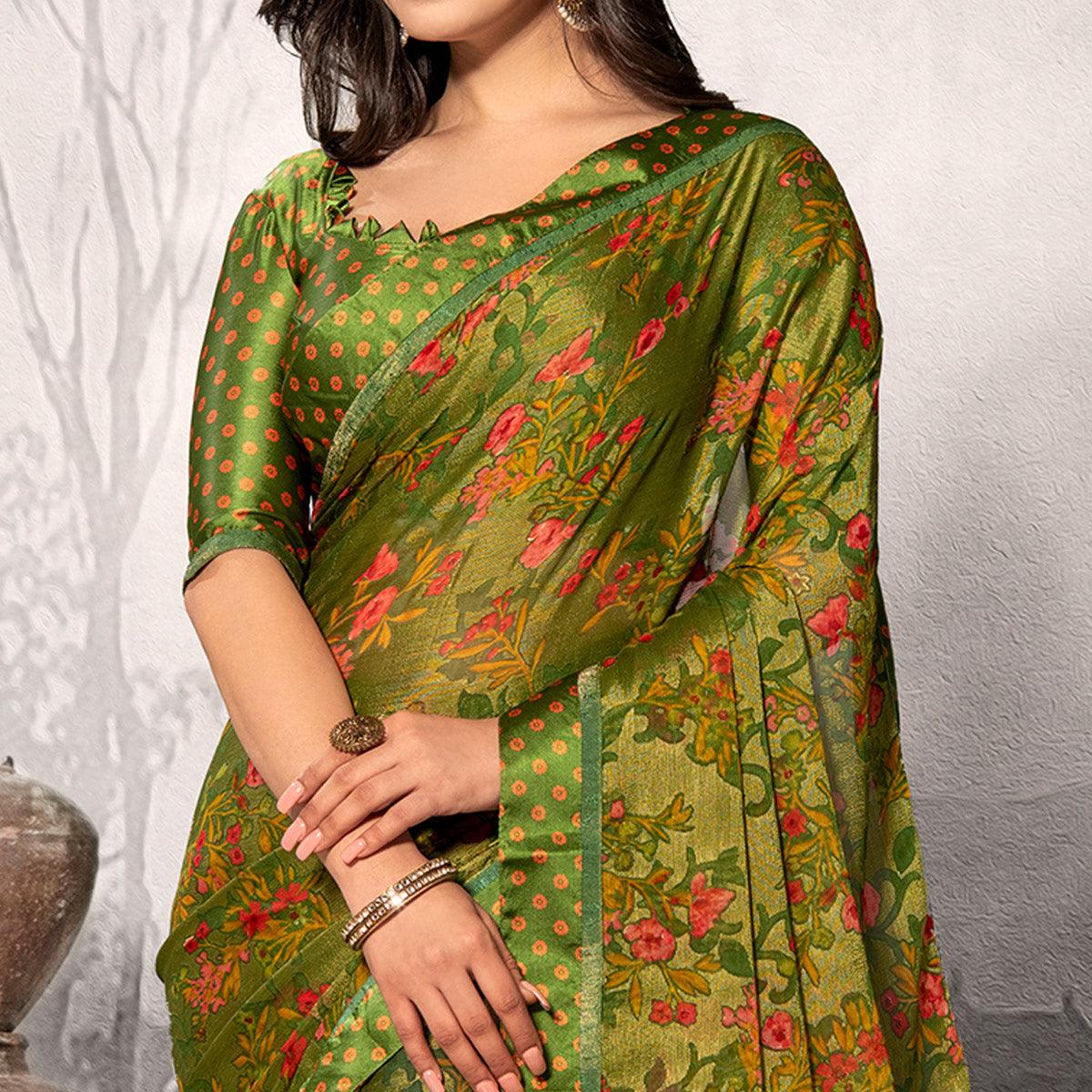 Marvellous Green Colored Partywear Printed Chiffon Saree - Peachmode