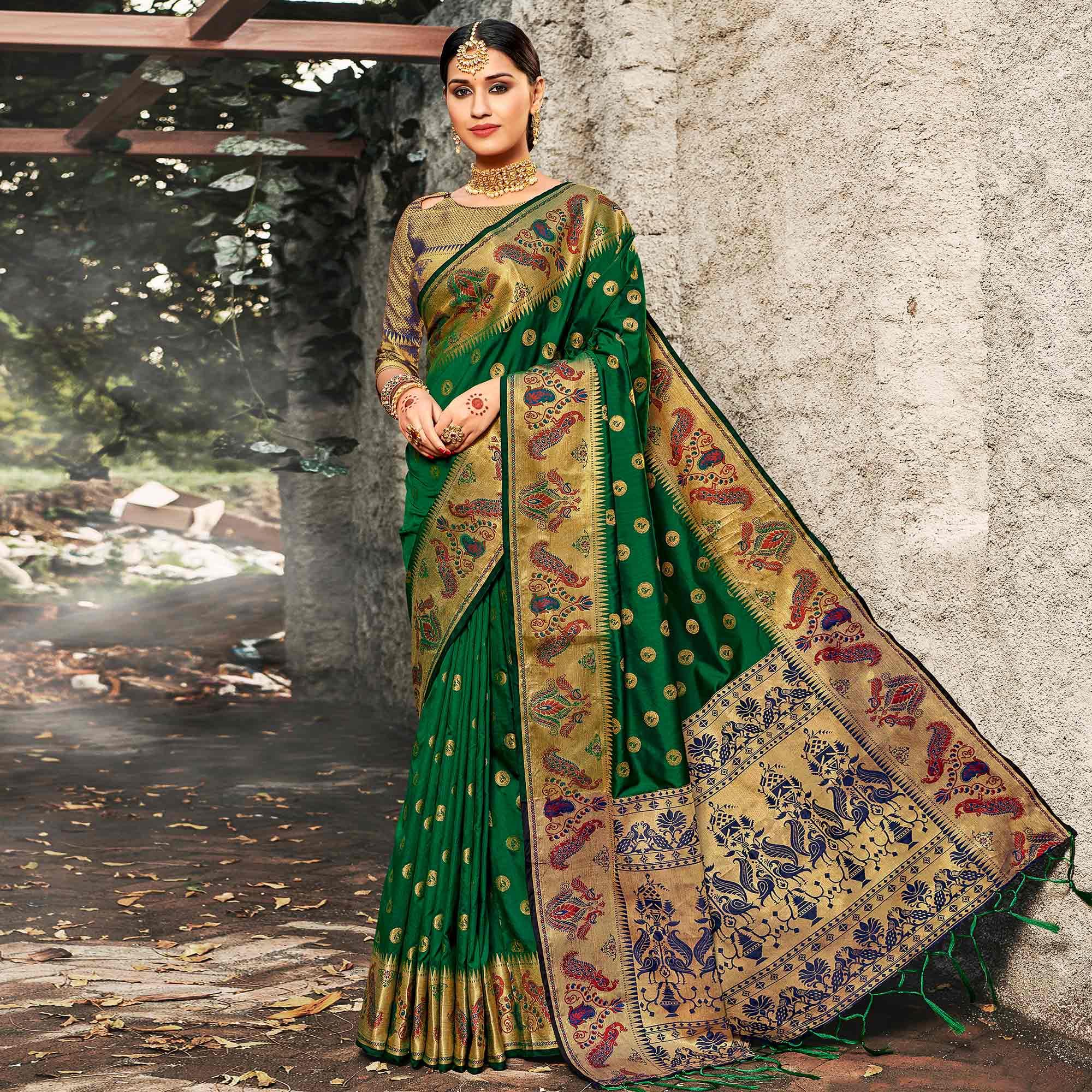 Marvellous Green Coloured Woven Festive Wear Banarasi Silk Saree - Peachmode