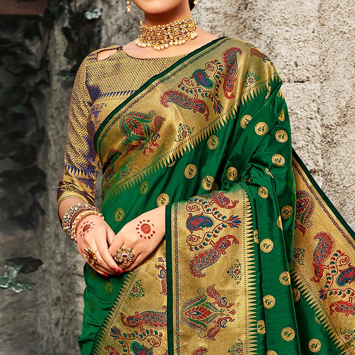 Marvellous Green Coloured Woven Festive Wear Banarasi Silk Saree - Peachmode