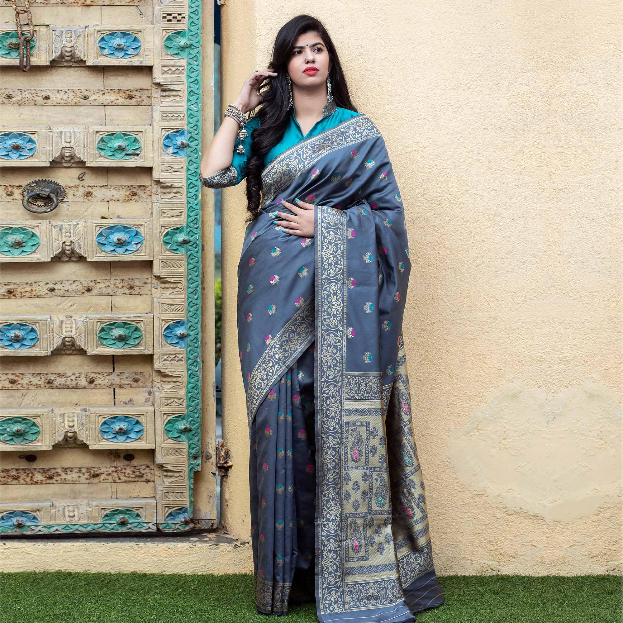 Marvellous Grey Colored Festive Wear Woven Banarasi Silk Saree - Peachmode