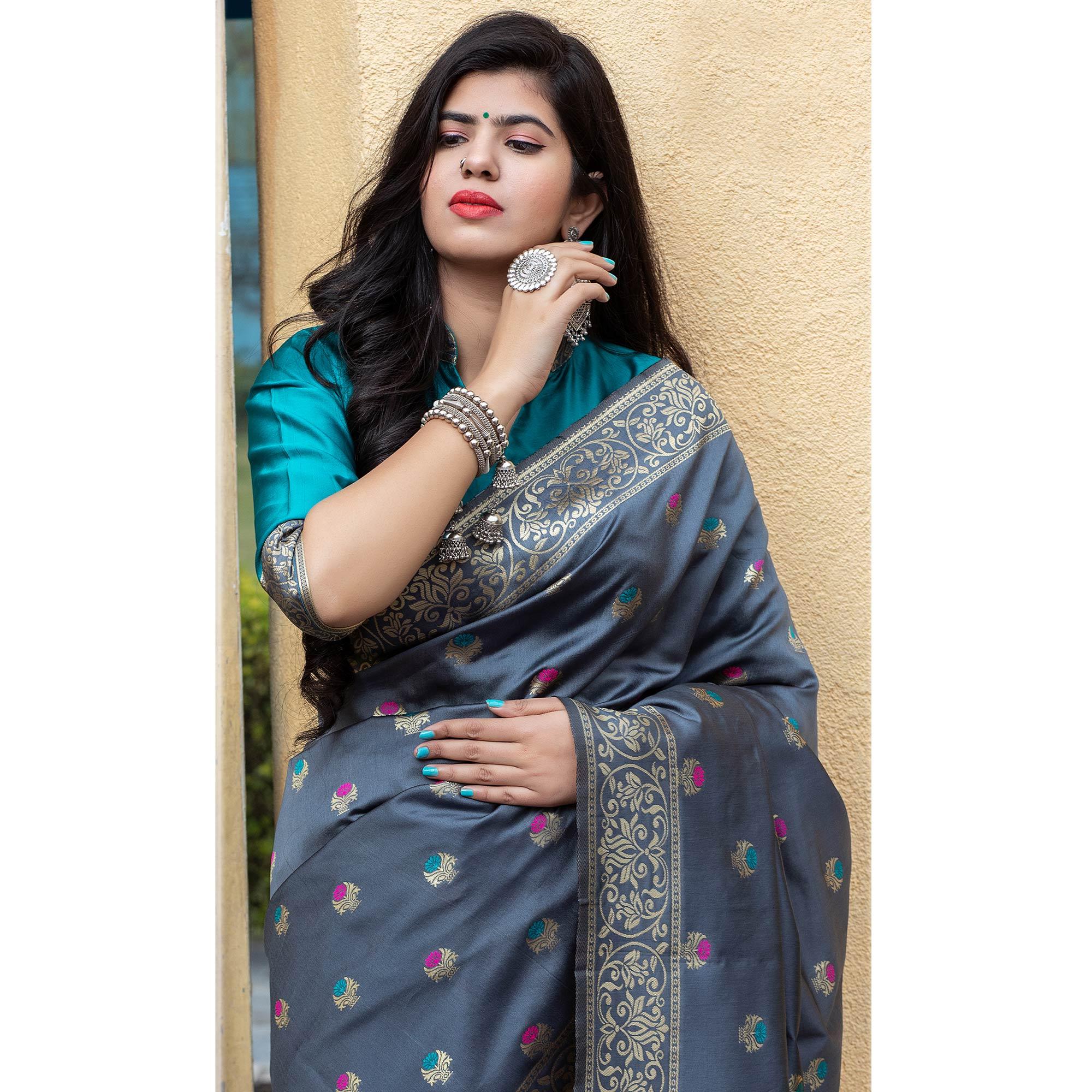 Marvellous Grey Colored Festive Wear Woven Banarasi Silk Saree - Peachmode
