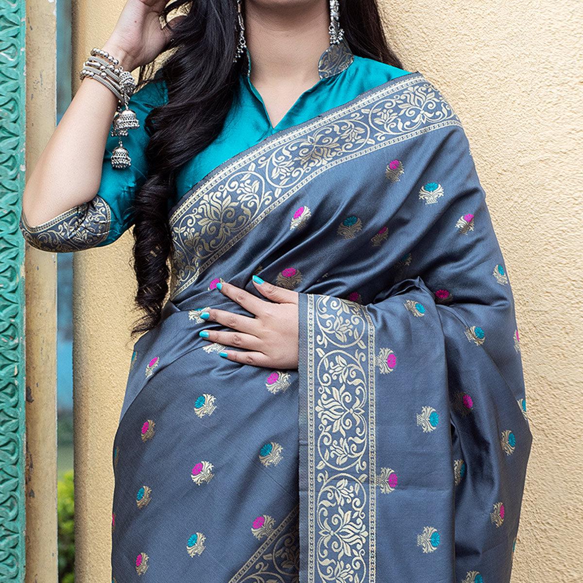 Marvellous Grey Colored Festive Wear Woven Banarasi Silk Saree - Peachmode