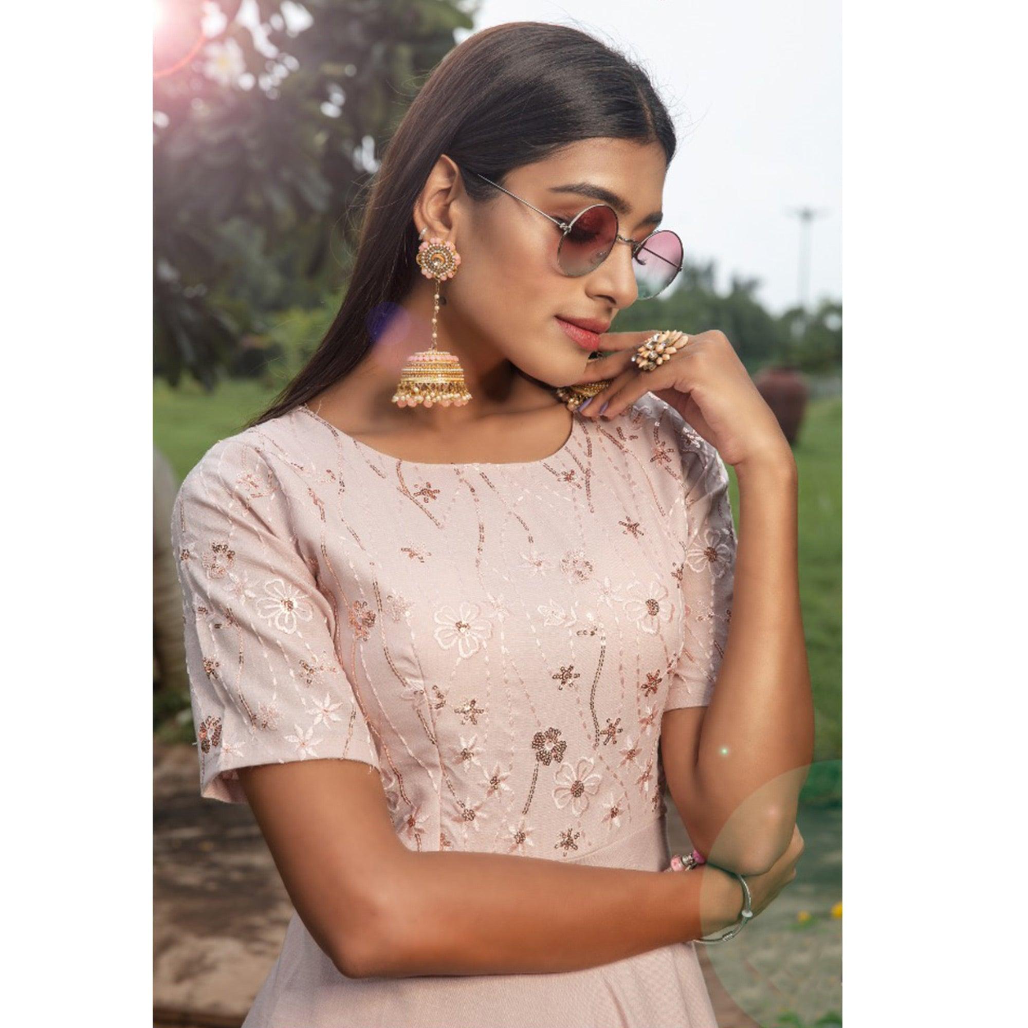 Marvellous Light Peach Colored Party Wear Embroidered Cotton Gown - Peachmode