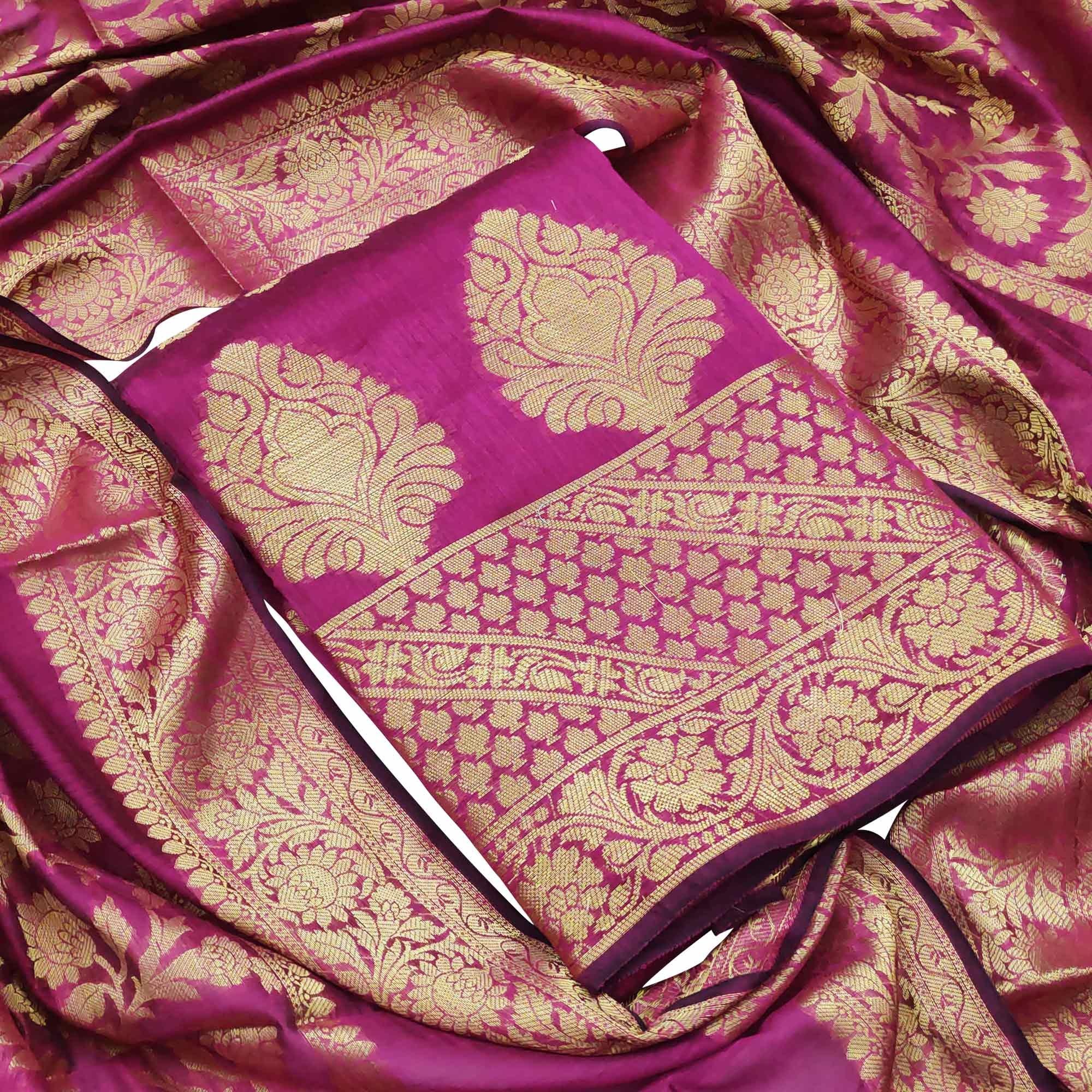 Marvellous Magenta Pink Colored Festive Wear Woven Banarasi Silk Dress Material - Peachmode