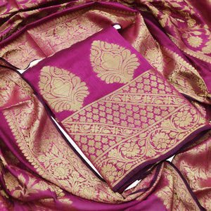 Marvellous Magenta Pink Colored Festive Wear Woven Banarasi Silk Dress Material - Peachmode