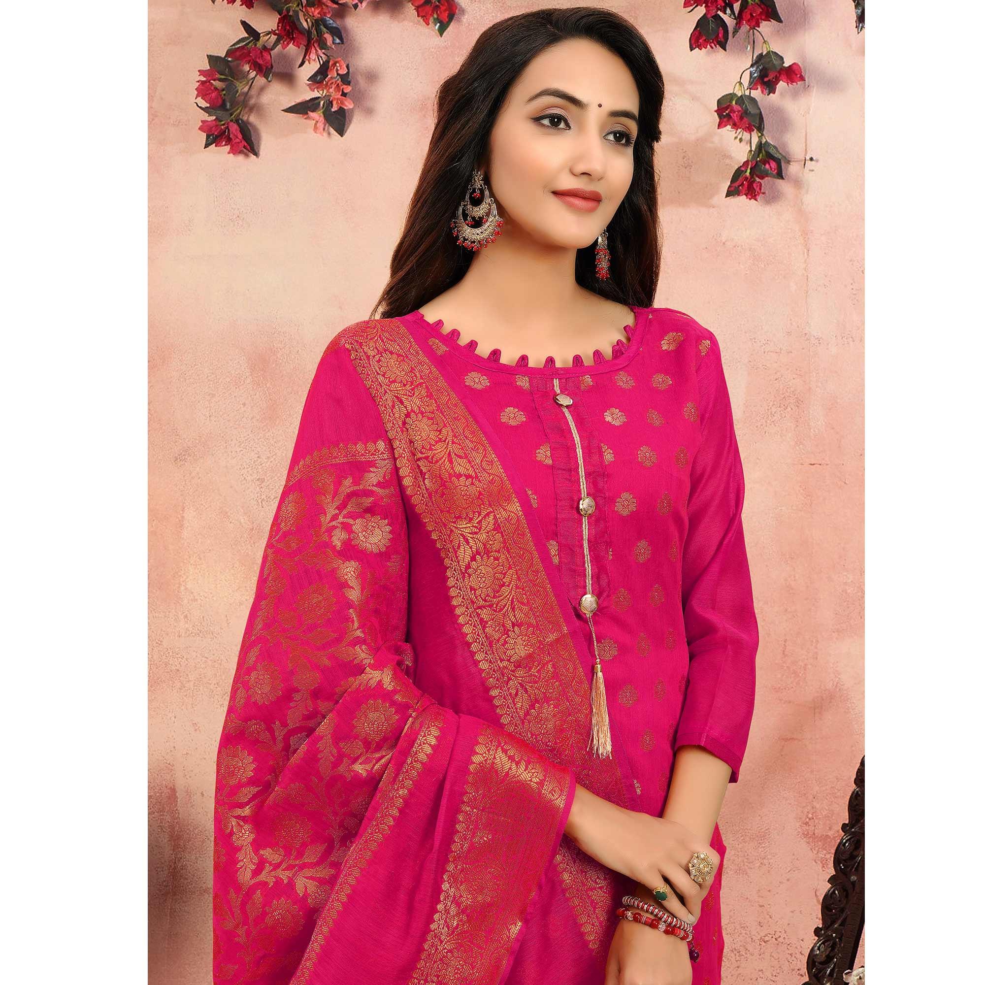 Marvellous Magenta Pink Colored Festive Wear Woven Banarasi Silk Dress Material - Peachmode