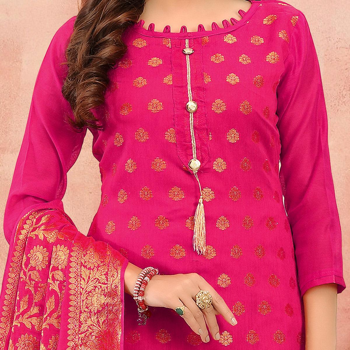 Marvellous Magenta Pink Colored Festive Wear Woven Banarasi Silk Dress Material - Peachmode