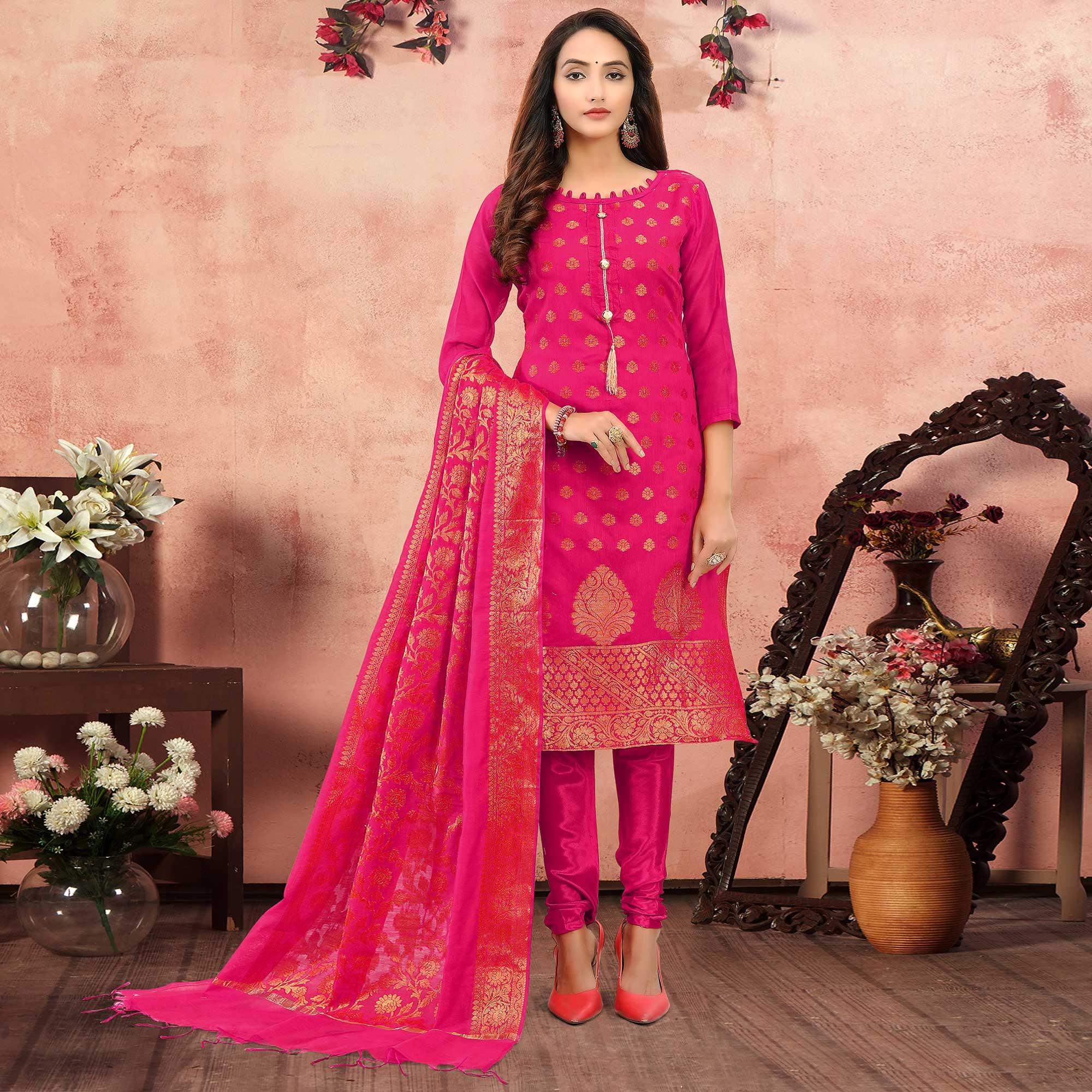 Marvellous Magenta Pink Colored Festive Wear Woven Banarasi Silk Dress Material - Peachmode
