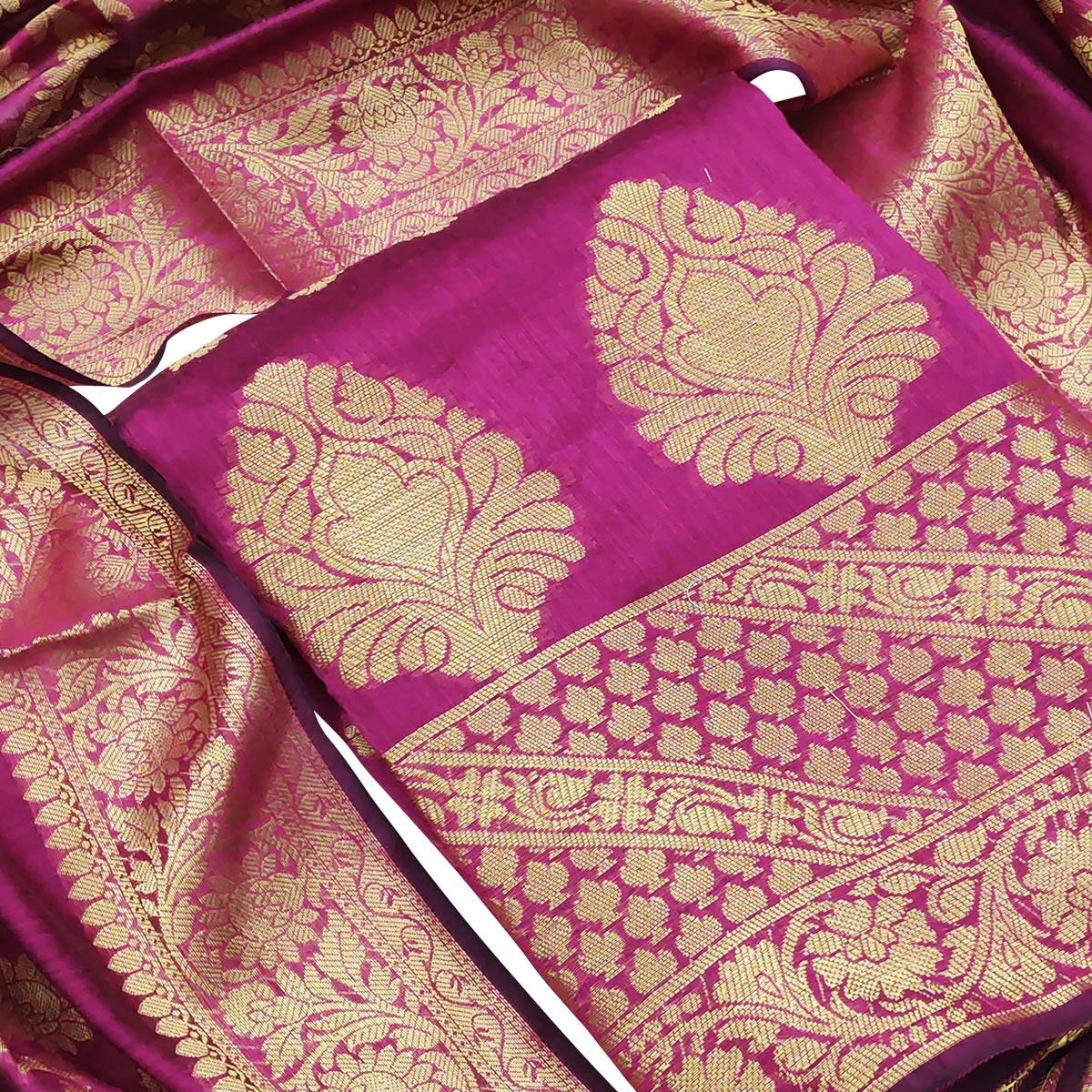 Marvellous Magenta Pink Colored Festive Wear Woven Banarasi Silk Dress Material - Peachmode