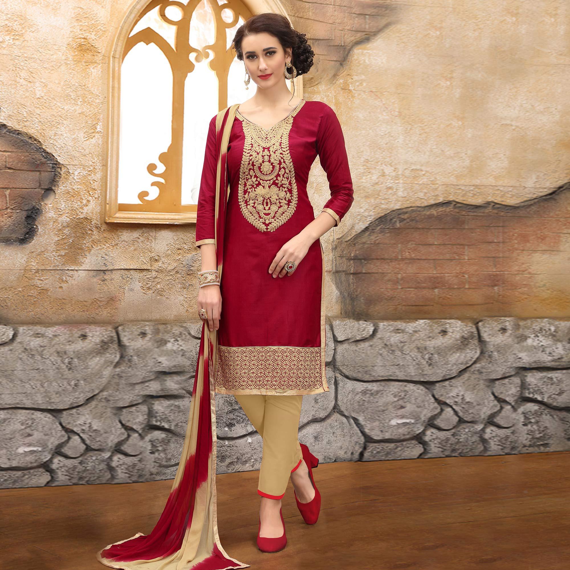 Marvellous Maroon Colored Party Wear Embroidered Cotton Dress Material - Peachmode