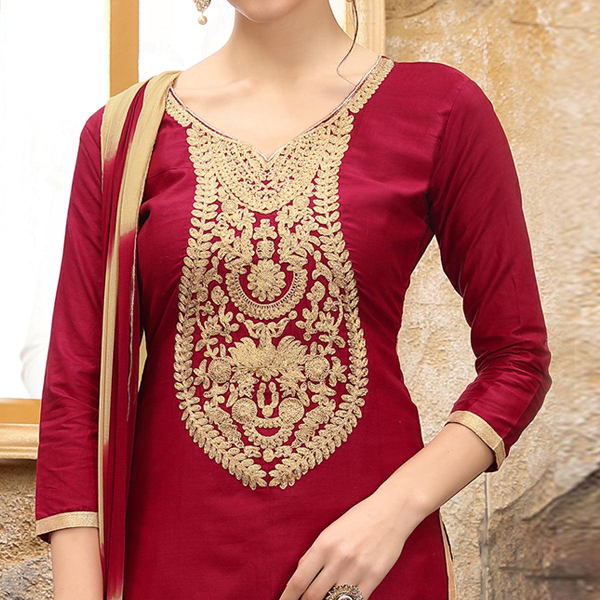 Marvellous Maroon Colored Party Wear Embroidered Cotton Dress Material - Peachmode