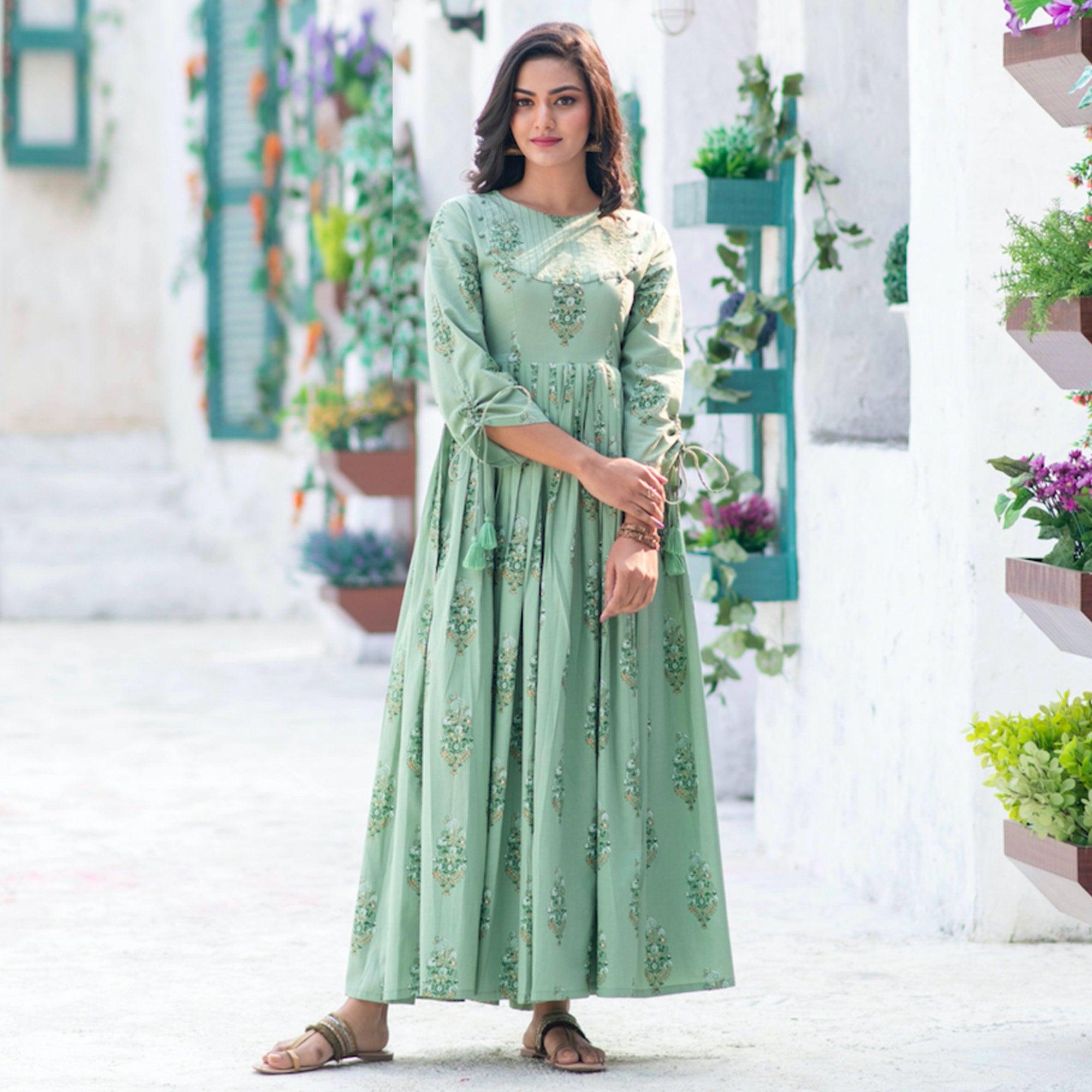 Marvellous Moss Green Colored Partywear Digital Printed Pure Muslin Gown - Peachmode