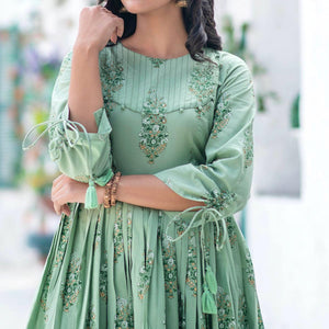 Marvellous Moss Green Colored Partywear Digital Printed Pure Muslin Gown - Peachmode